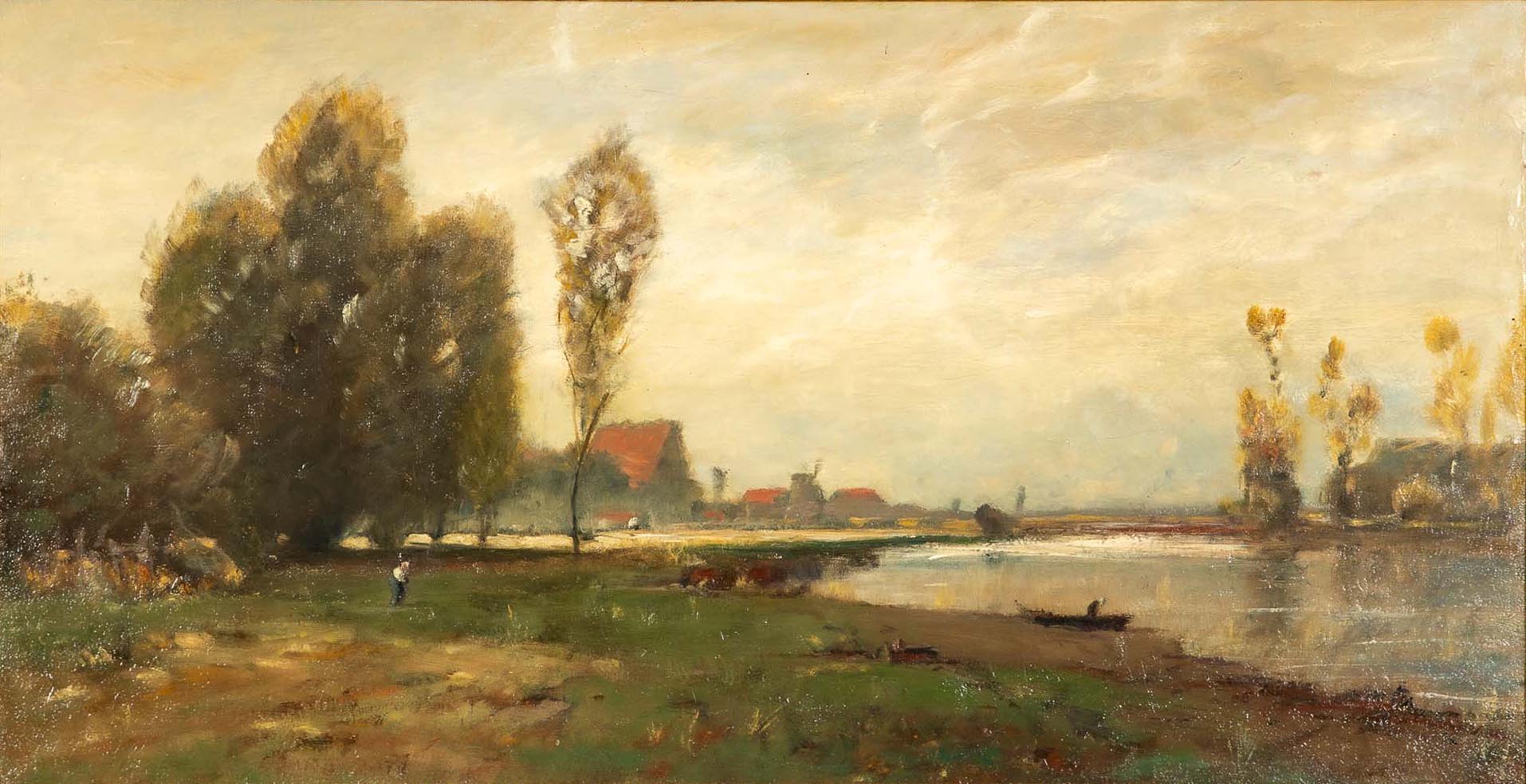 "Uferpartie", Gemälde, Öl auf Leinwand ca. 53 x 100 cm. Herbstliche Landschaft mit Dorfidyll an fli - Image 2 of 19