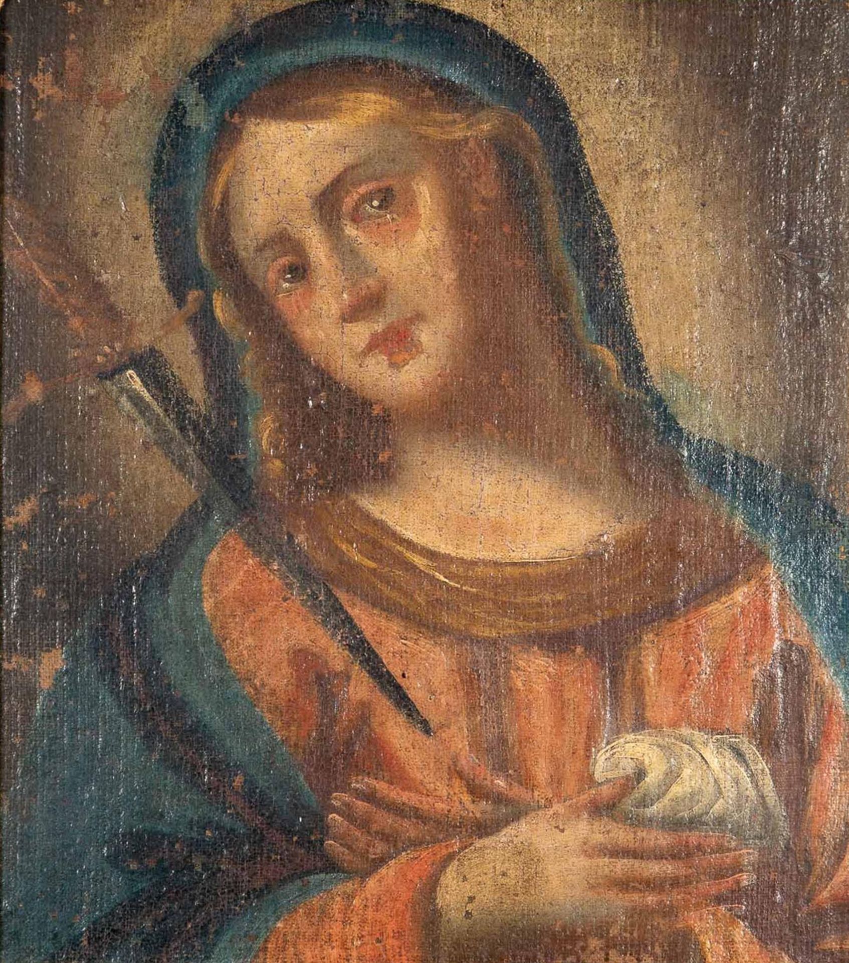 Antikes sakrales Gemälde, Öl auf Leinwand (diese auf Sperrholz geklebt), ca. 36 x 32 cm, zarter Gol - Bild 2 aus 5
