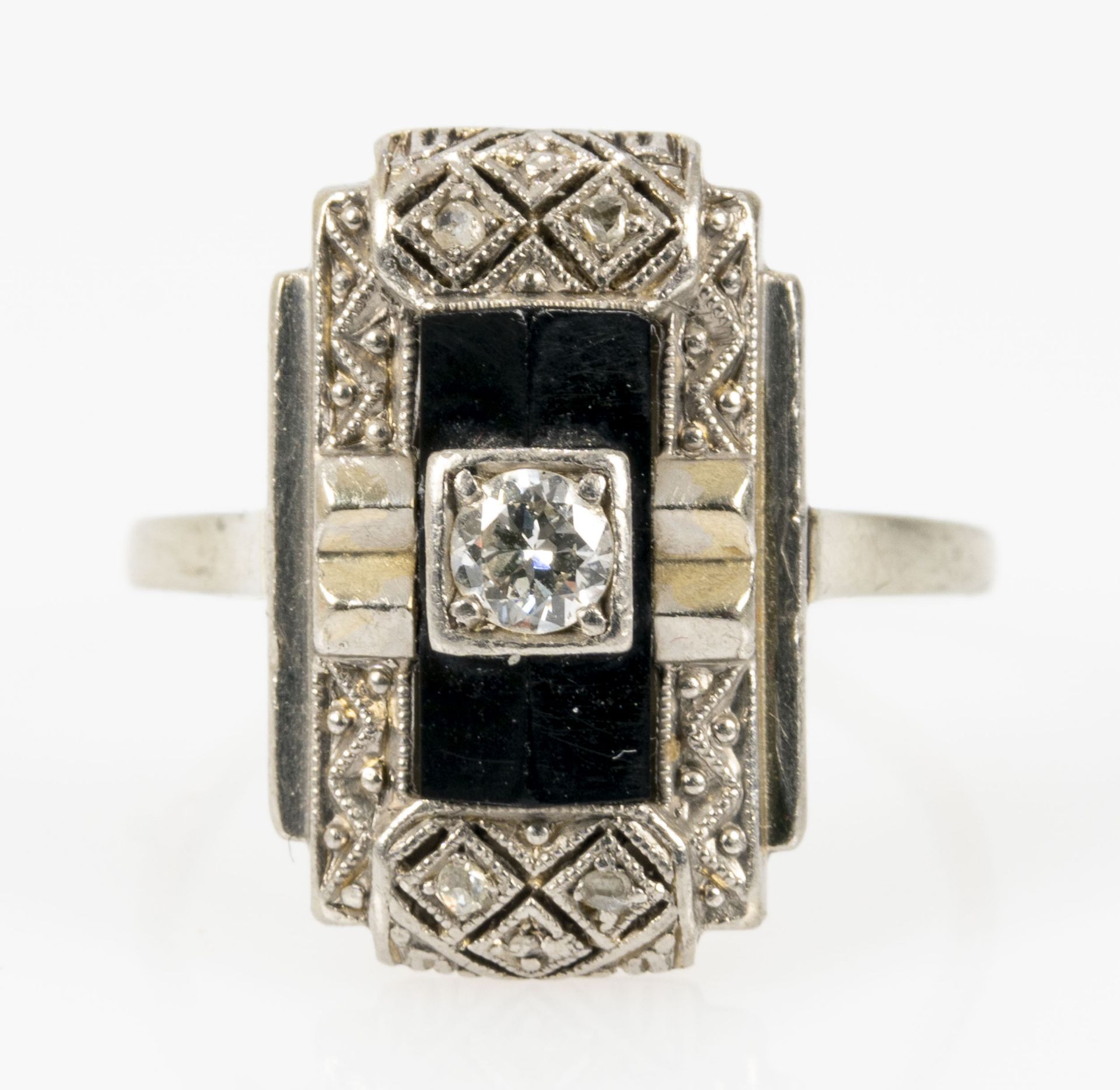 Feiner Art-Deco Damenring, 14 k Weißgoldfassung mit Onyx & Markasitenbesatz; mittig viereckig gefas - Image 3 of 7