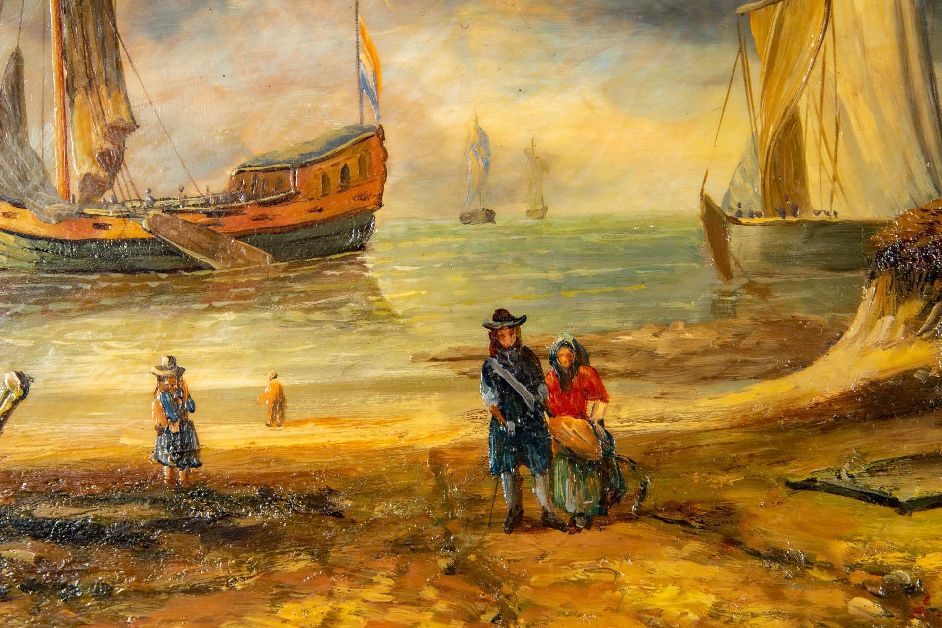 "Küstenstreifen mit Segelschiff & Booten", Gemälde, Öl auf Holztafel, ca. 25 x 20 cm; unten rechts - Image 4 of 7