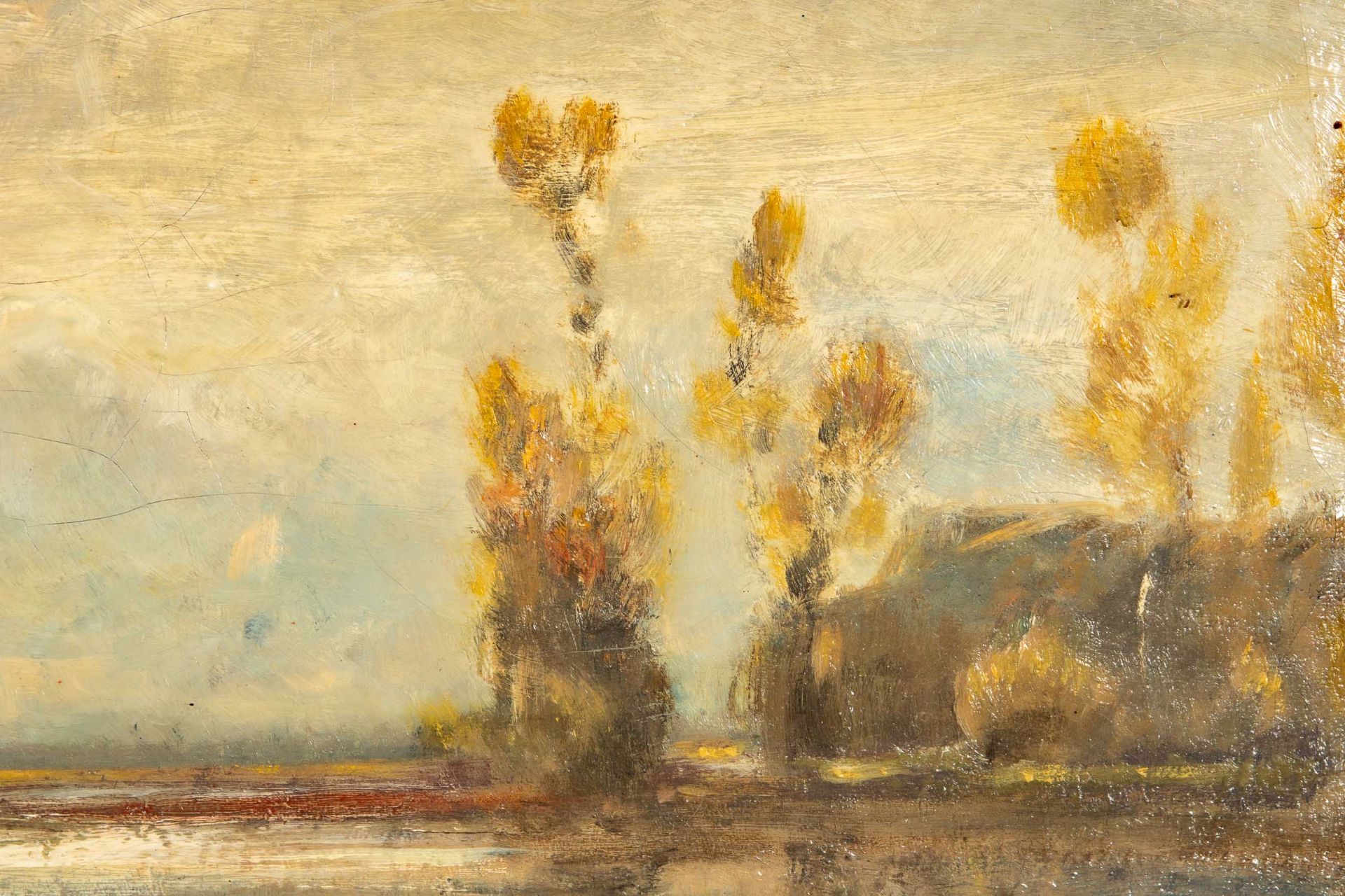 "Uferpartie", Gemälde, Öl auf Leinwand ca. 53 x 100 cm. Herbstliche Landschaft mit Dorfidyll an fli - Bild 7 aus 19