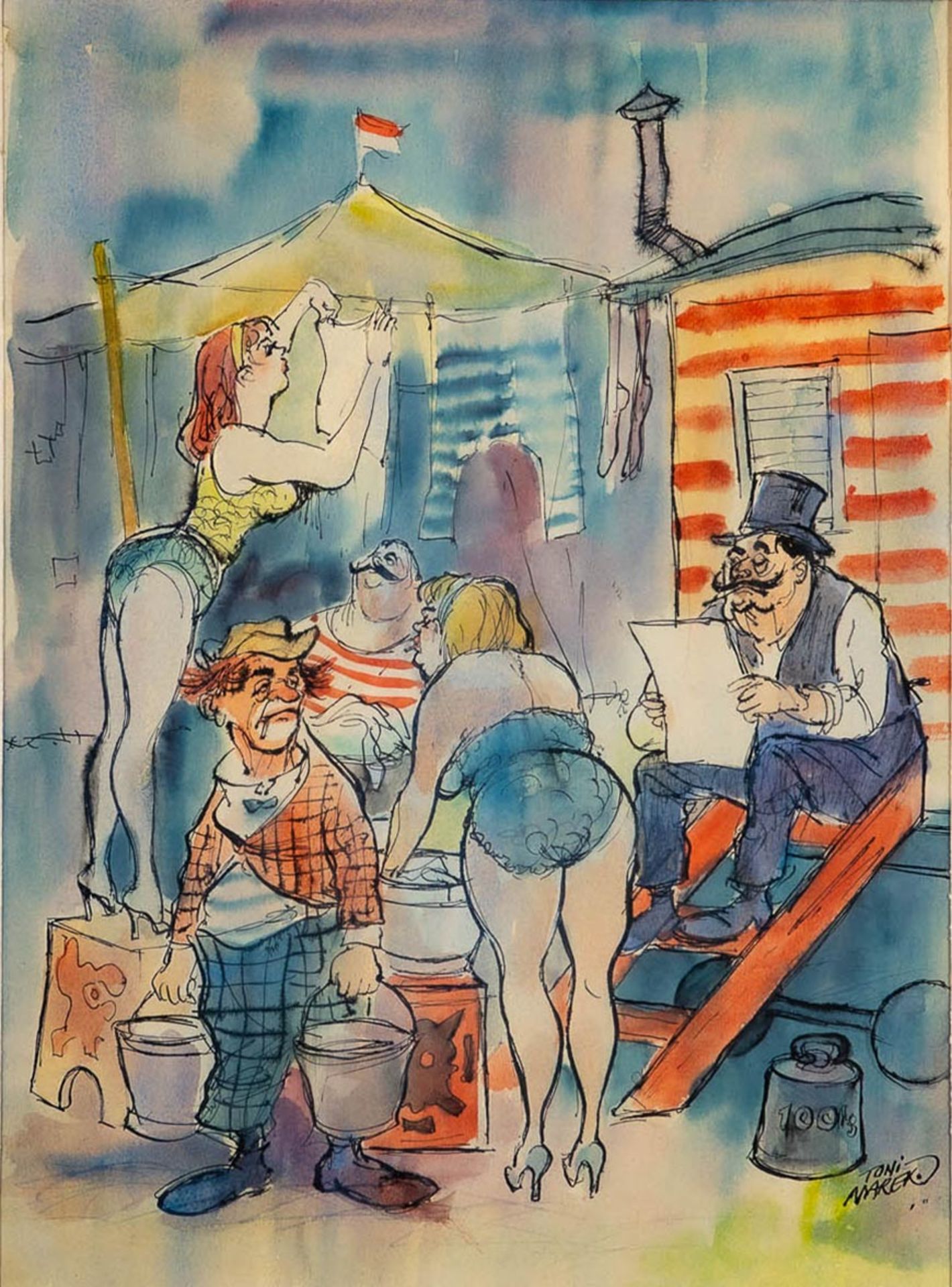 "Zirkusalltag", aquarellierte Zeichnung in Passepartout hinter Glas gerahmt; lichtes Bildmaß ca. 42 - Bild 2 aus 8