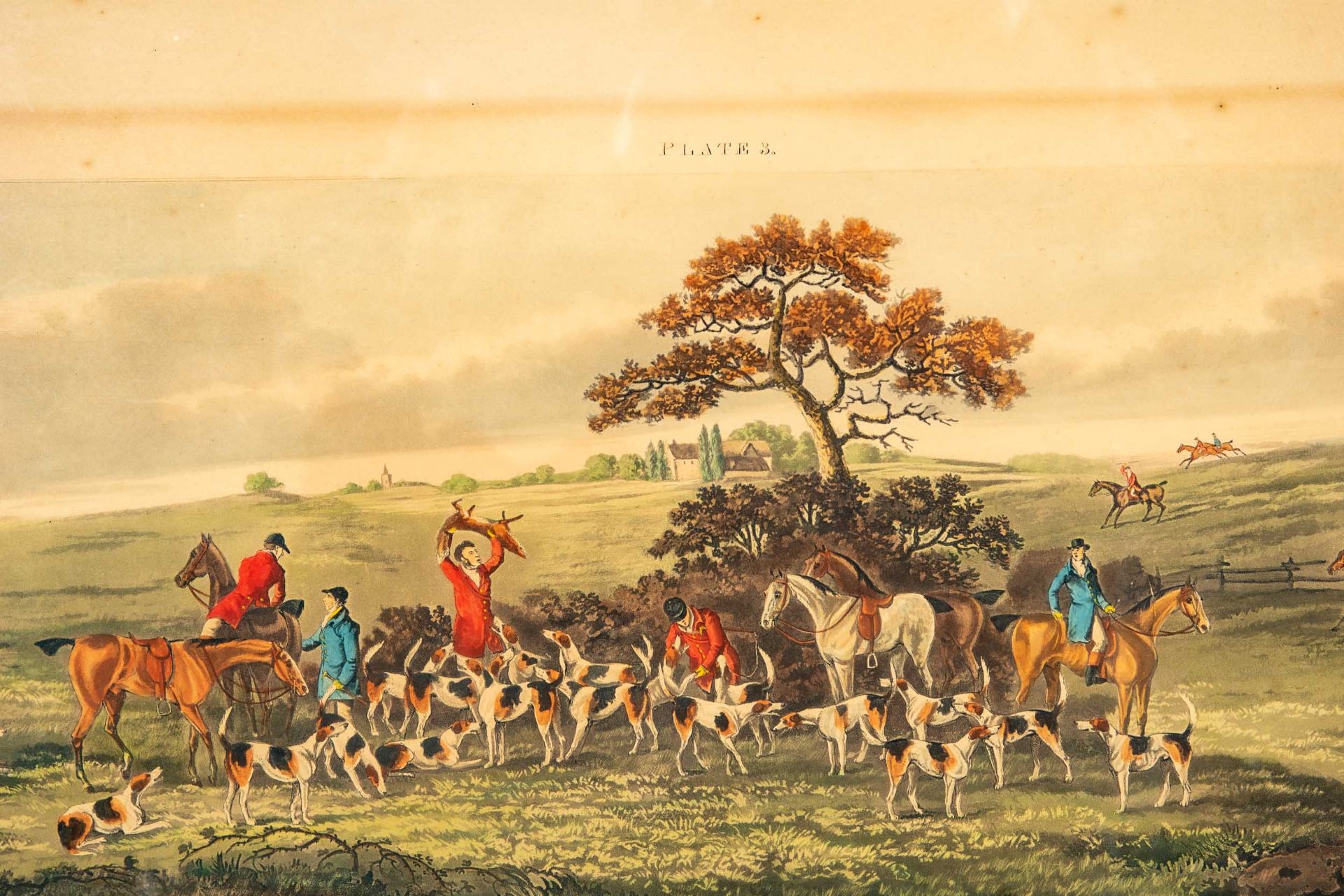 "FOX HUNTING" - hinter Glas gerahmte Farblithographie, England 19./ 20. Jhdt., Platte ca. 26 x 71,  - Bild 4 aus 12