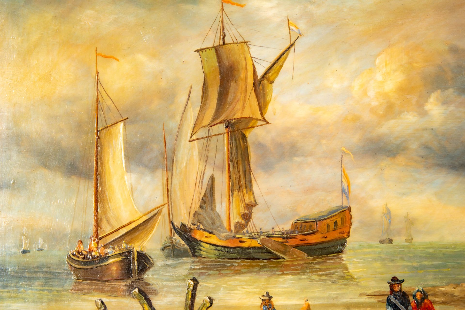 "Küstenstreifen mit Segelschiff & Booten", Gemälde, Öl auf Holztafel, ca. 25 x 20 cm; unten rechts - Image 5 of 7