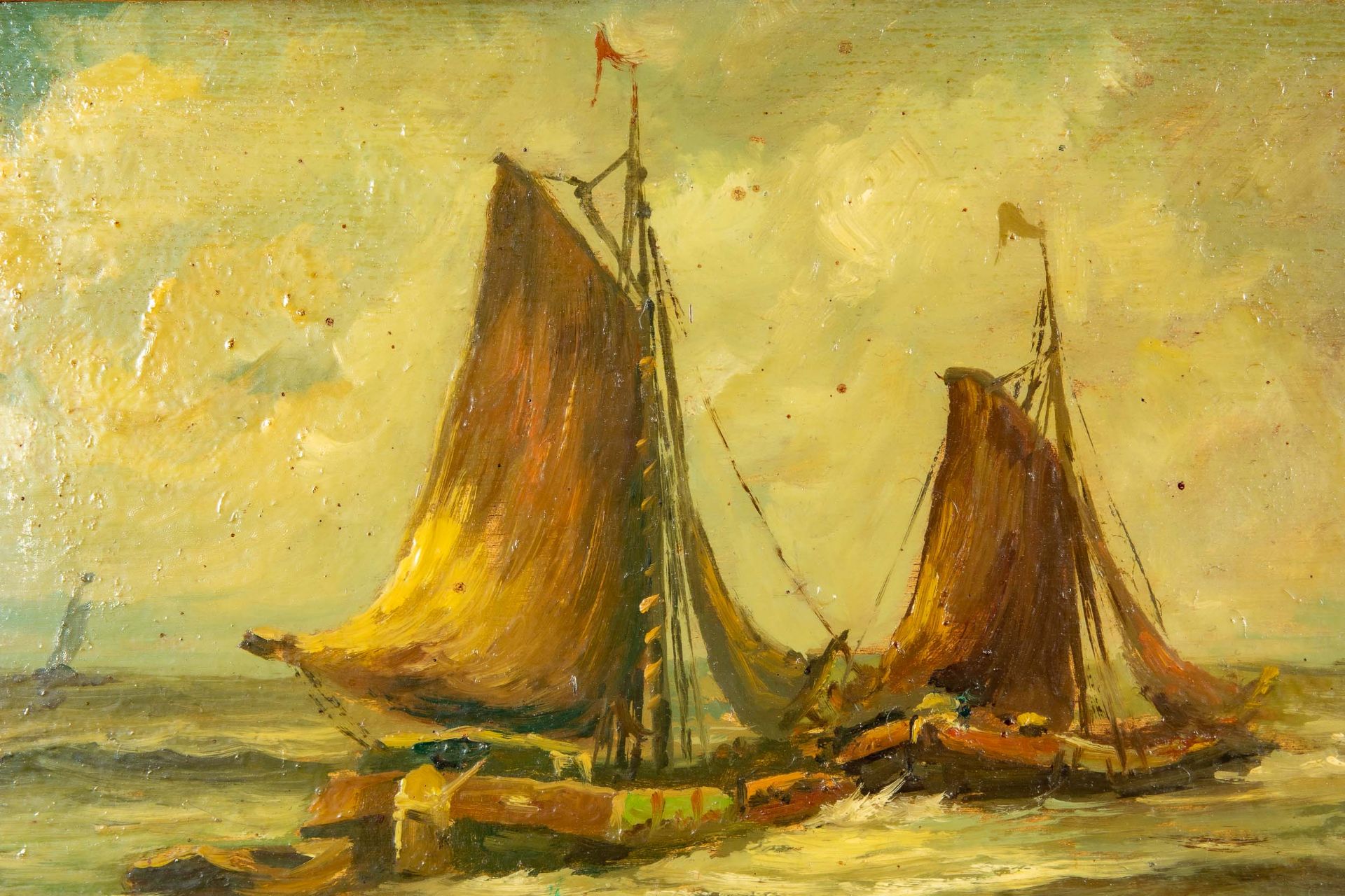 "Fischerboote", kleinformatiges Ölbild, ca. 17 x 23 cm; Öl auf Platte, spätes 20. Jhdt., unsigniert - Bild 3 aus 9