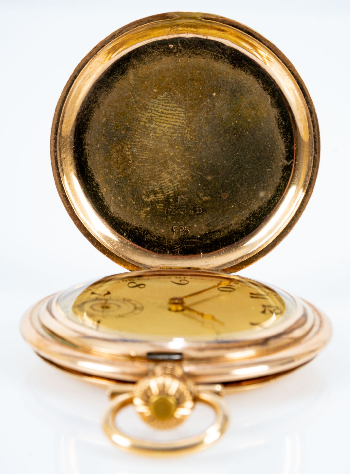 Sprungdeckel- Taschenuhr um 1920/ 30; vergoldeter Staubdeckel, beide Hauptdeckel in 585er Gelbgold  - Bild 3 aus 8