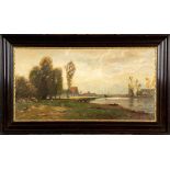 "Uferpartie", Gemälde, Öl auf Leinwand ca. 53 x 100 cm. Herbstliche Landschaft mit Dorfidyll an fli