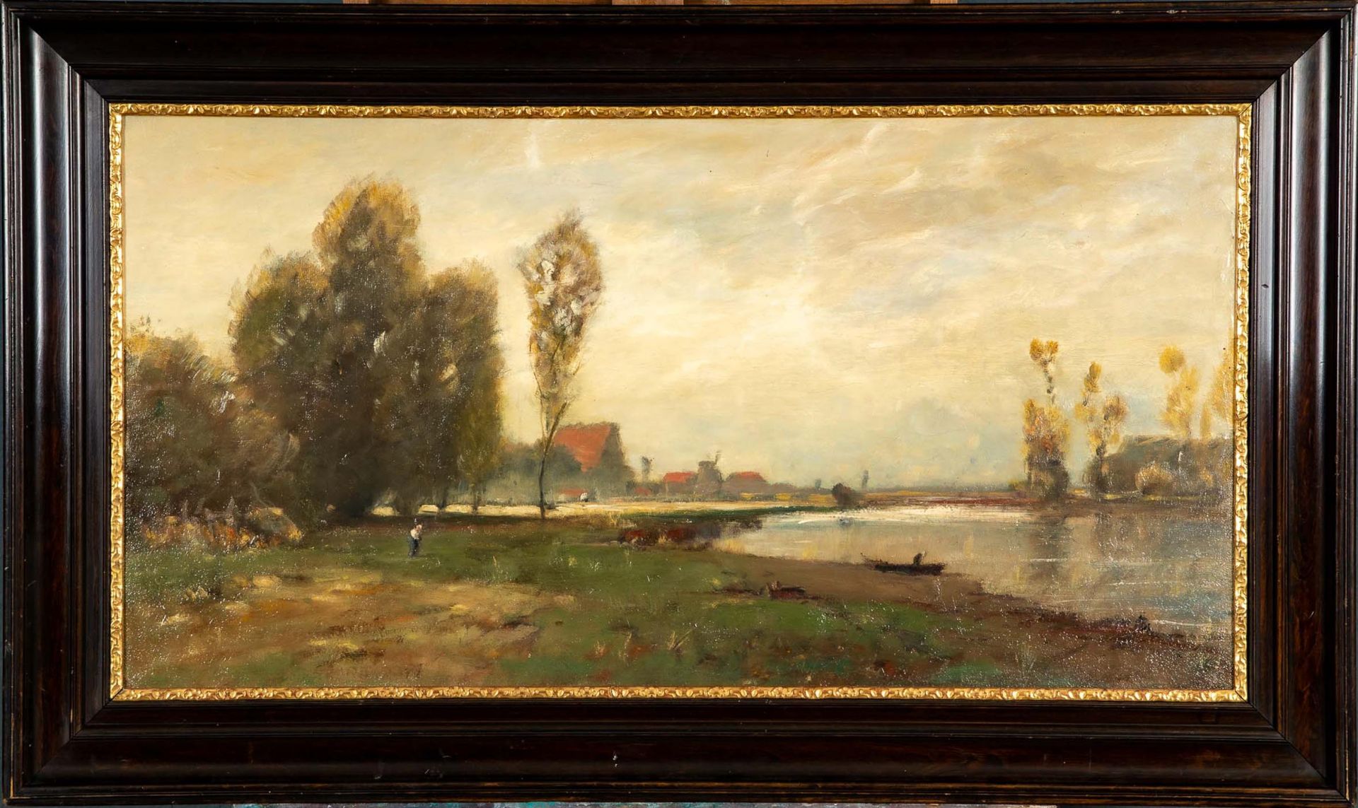 "Uferpartie", Gemälde, Öl auf Leinwand ca. 53 x 100 cm. Herbstliche Landschaft mit Dorfidyll an fli