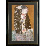 "Der Kuss", multiple, hinter Glas gerahmte, ca. 84 x 52 cm große Farblithographie NACH Gustav Klimt
