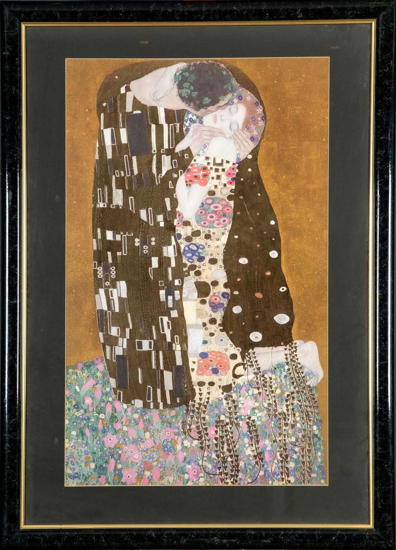 "Der Kuss", multiple, hinter Glas gerahmte, ca. 84 x 52 cm große Farblithographie NACH Gustav Klimt