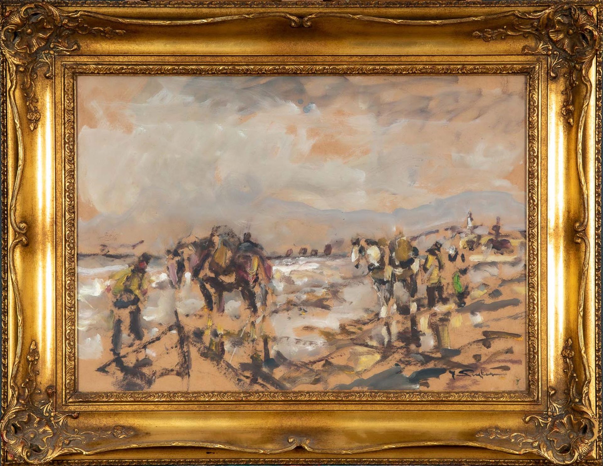 "Rastende Reiter", Mischtechnik auf Malkarton, hinter Glas gerahmt, Bildmaß ca. 50 x 71 cm, unten r