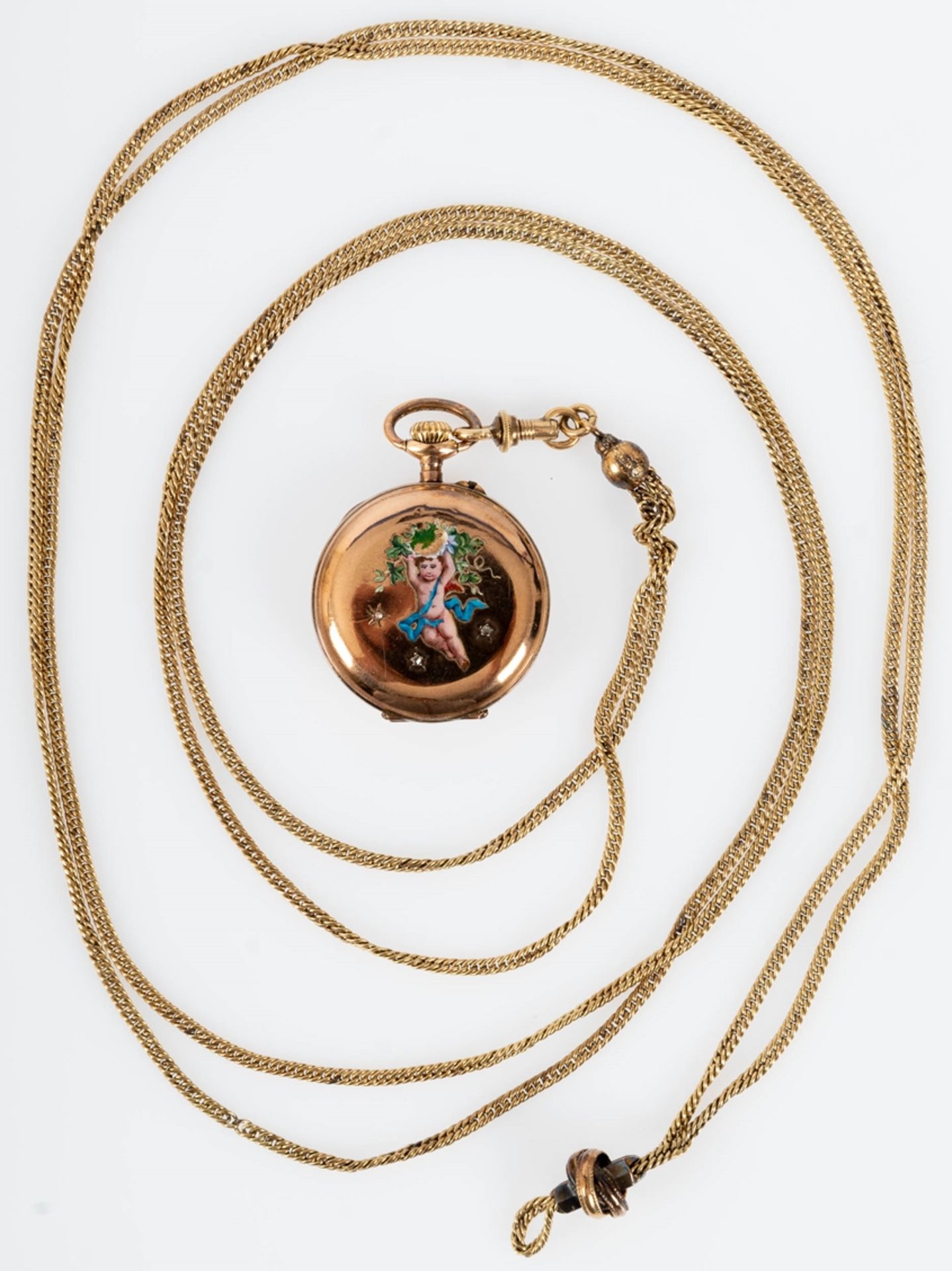 Antike, feine Damentaschenuhr an langer Uhrenkette. Rotgold 14 kt., Uhr um 1890; Durchmesser ca. 2, - Bild 2 aus 13