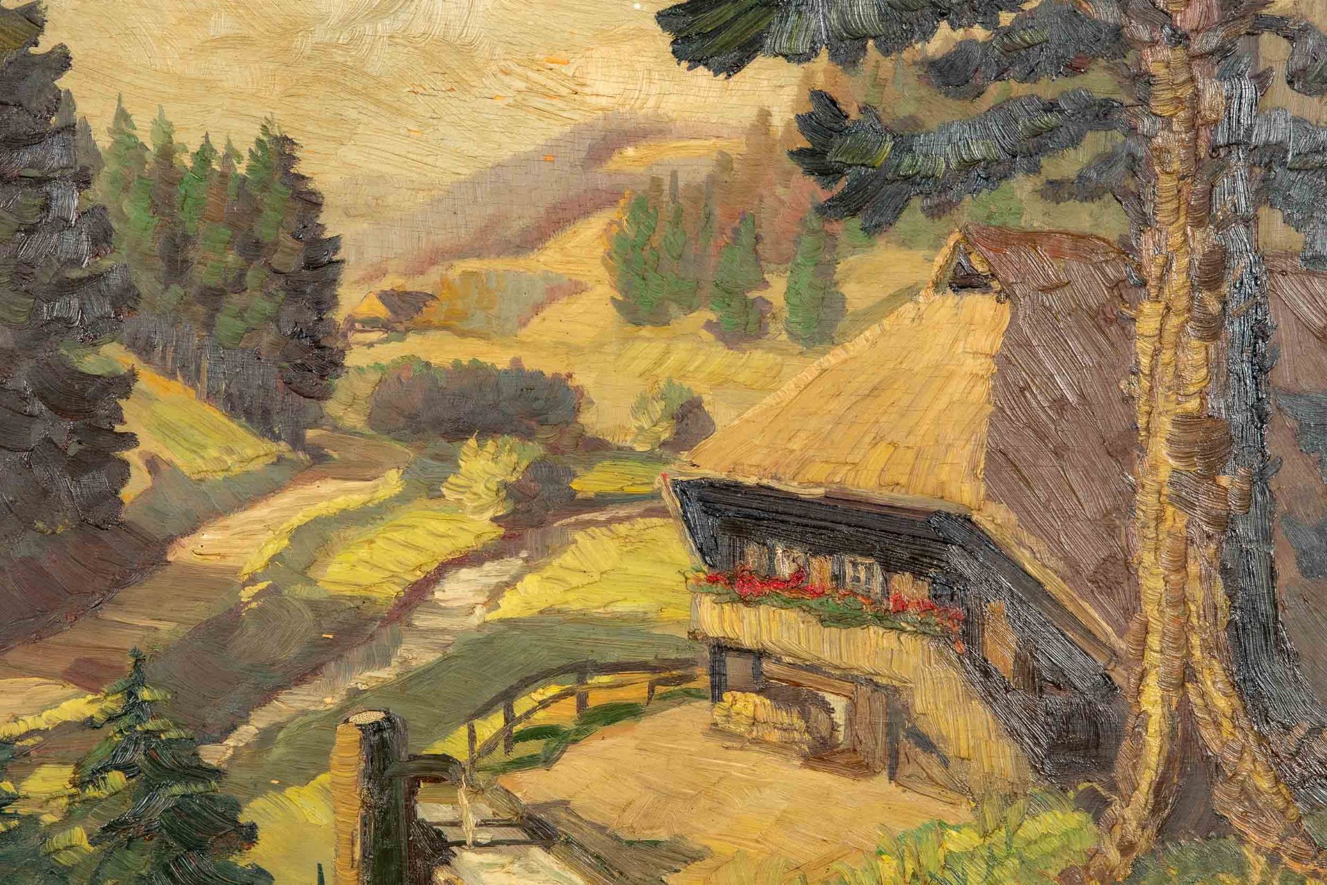 "Bauernhaus in sommerlicher, bergiger Landschaft", Gemälde, Öl auf Schichtholzplatte, ca. 38,5 x 50 - Bild 3 aus 7