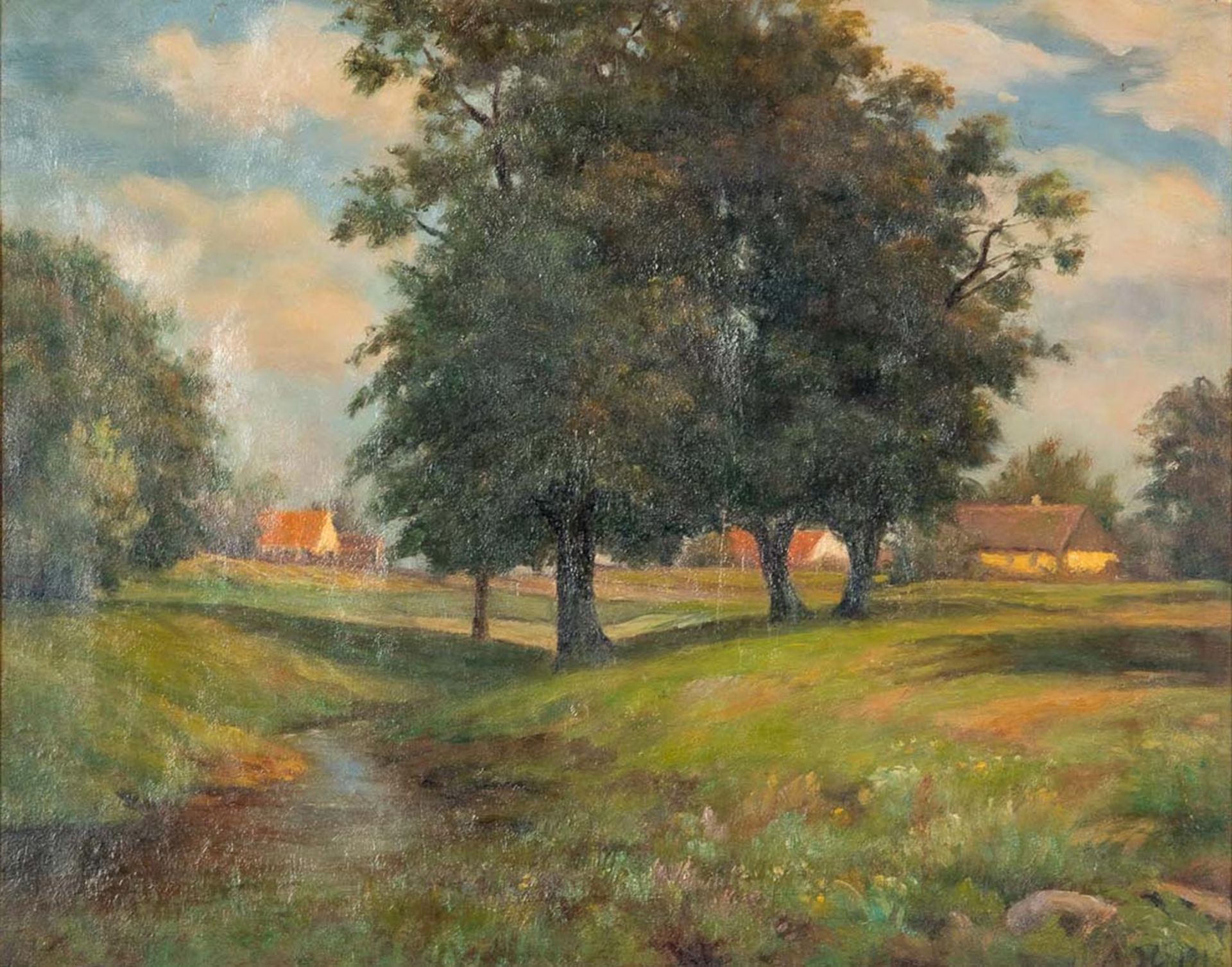 "Idyllische Dorfkulisse", kleinformatiges Landschaftsgemälde, Öl auf Leinwand, 1918 datiert; ca. 31 - Bild 2 aus 9