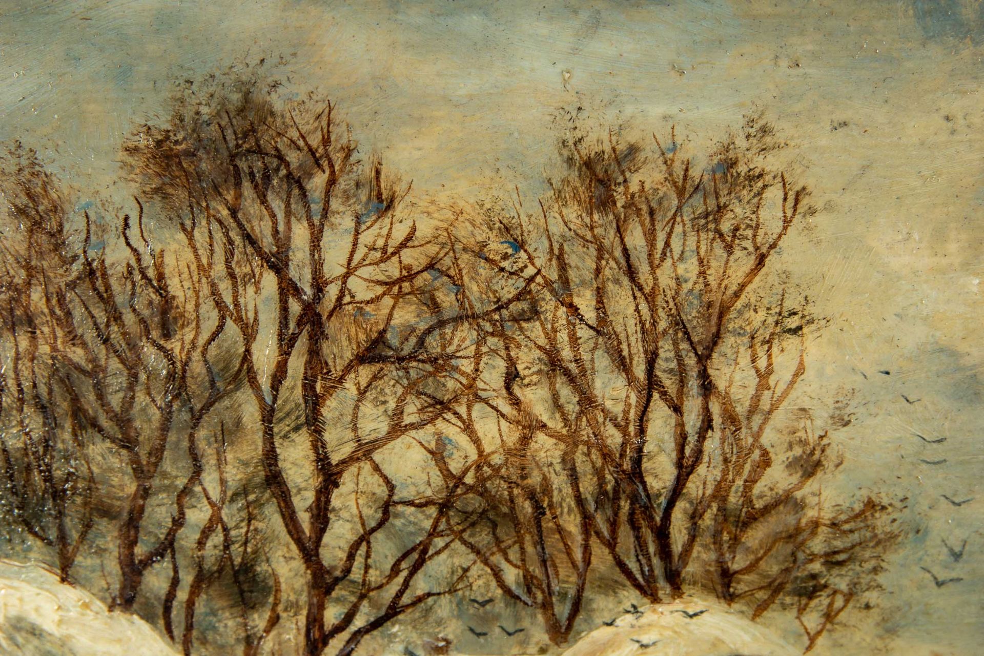 "Winterliche Hofanlage", Öl auf Malkarton/ Malpappe, auf Holz geklebt. Ca. 15 x 22 cm, unten rechts - Bild 7 aus 8