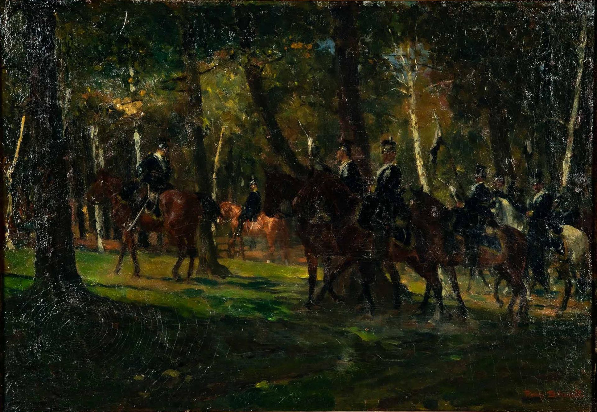 "Preußische Kavallerie in sommerlichem Wald" - Gemälde, Öl auf Leinwand, ca. 43 x 62 cm, unten rech - Image 2 of 10