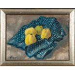 Hans Kerp-Kilian: "Stilleben mit blau-weißem Tischtuch" - Gemälde, Öl auf Leinwand, unten rechts si