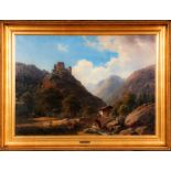 "Burgruine in alpiner Gebirgslandschaft", spätromantisches Gemälde, Öl auf Leinwand, ca. 71 x 100 c