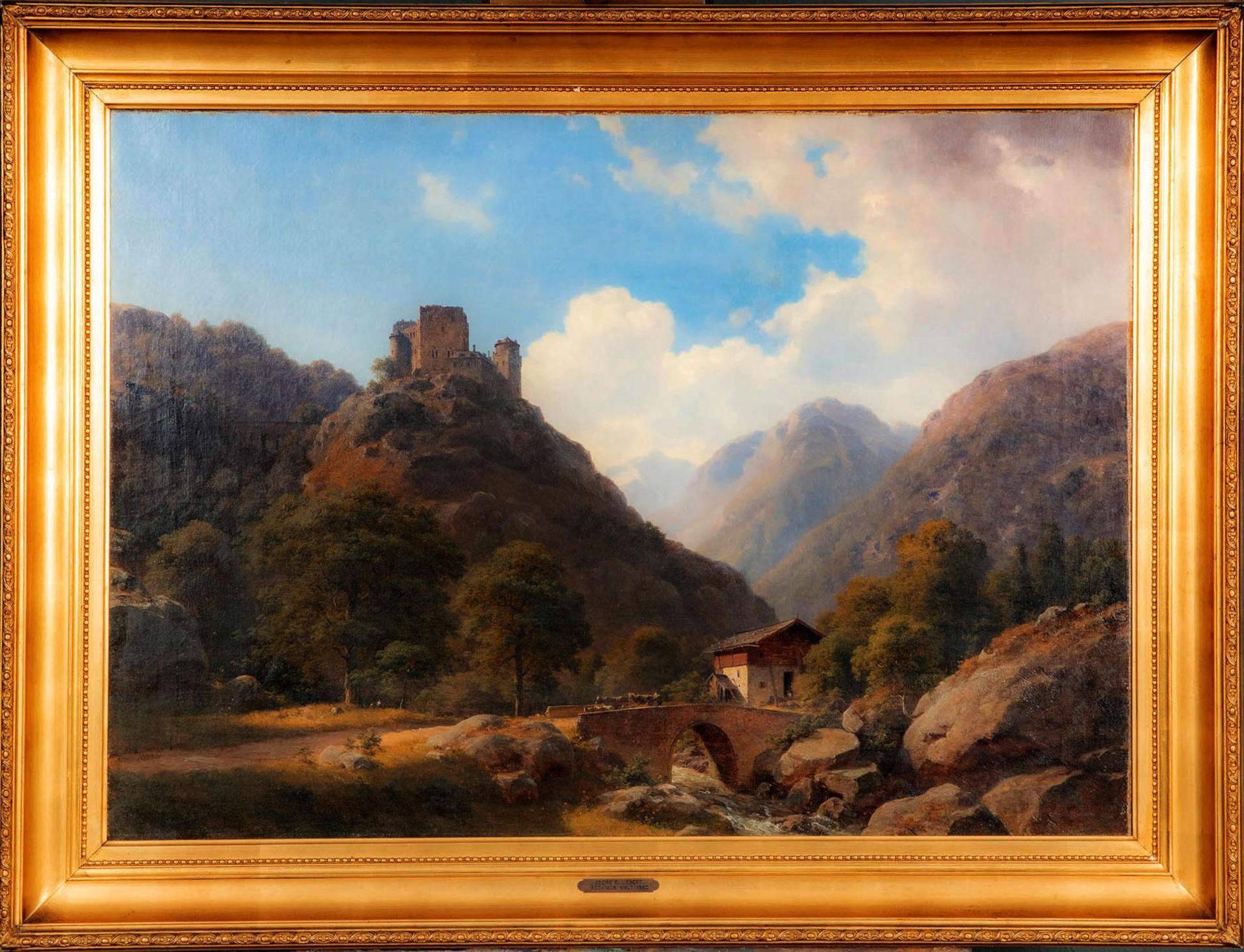 "Burgruine in alpiner Gebirgslandschaft", spätromantisches Gemälde, Öl auf Leinwand, ca. 71 x 100 c