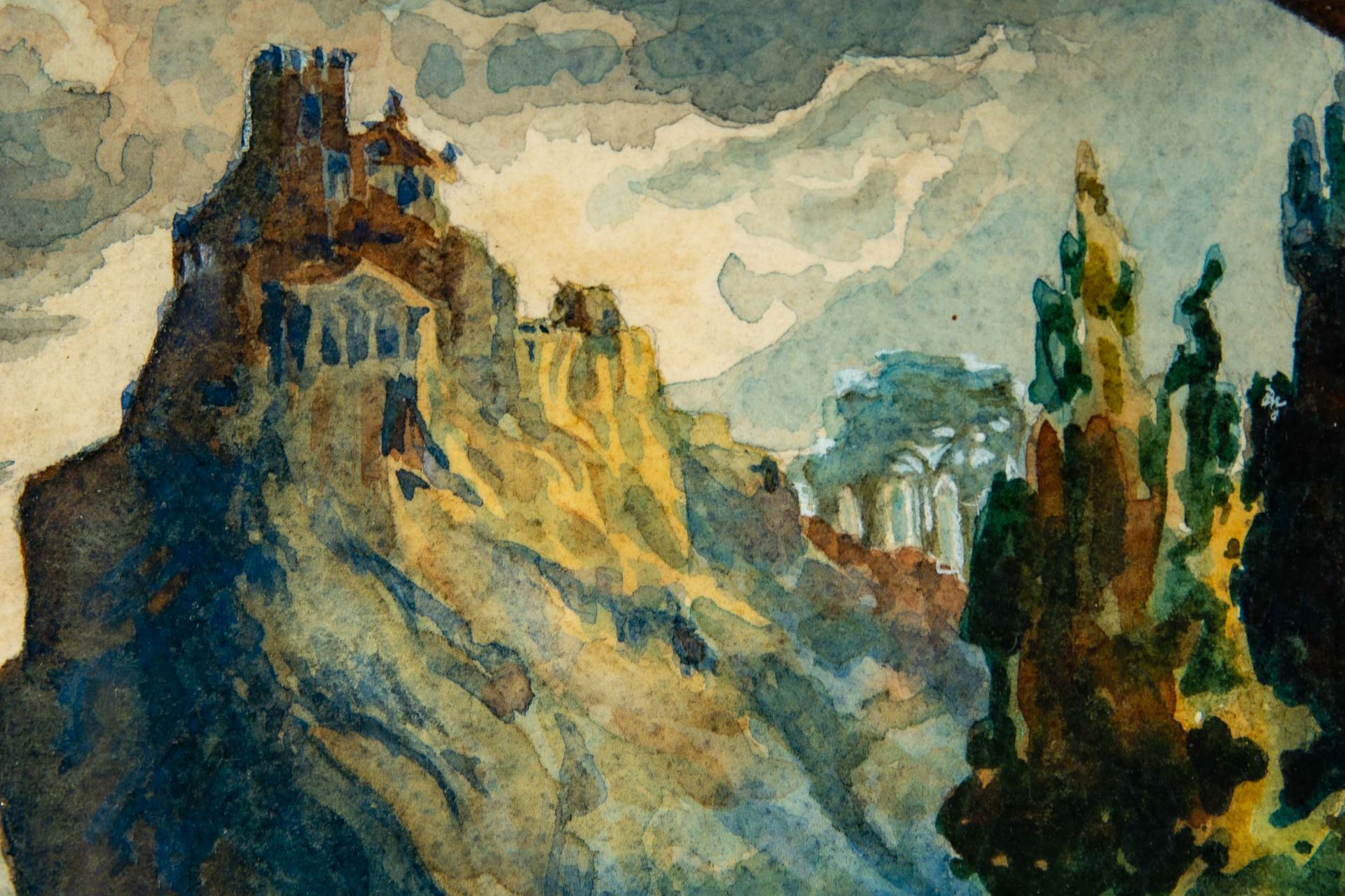 "Südeuropäische Szenerie mit Bergkloster", Mischtechnik bzw. aquarellierte Zeichnung, hinter Glas g - Image 7 of 12