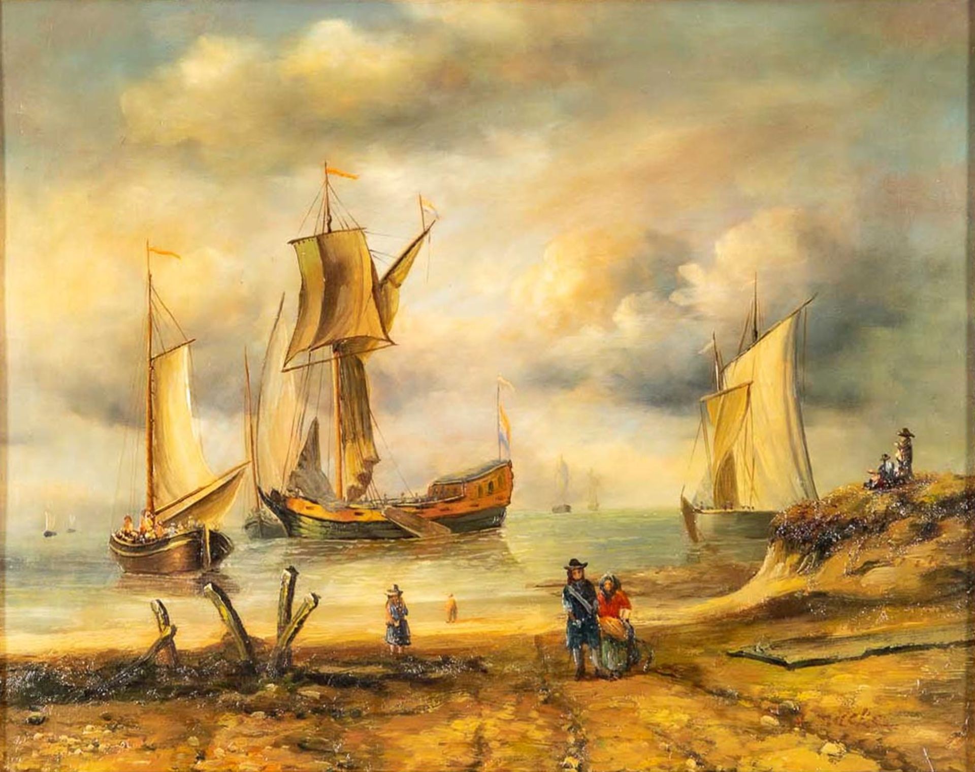 "Küstenstreifen mit Segelschiff & Booten", Gemälde, Öl auf Holztafel, ca. 25 x 20 cm; unten rechts - Image 2 of 7