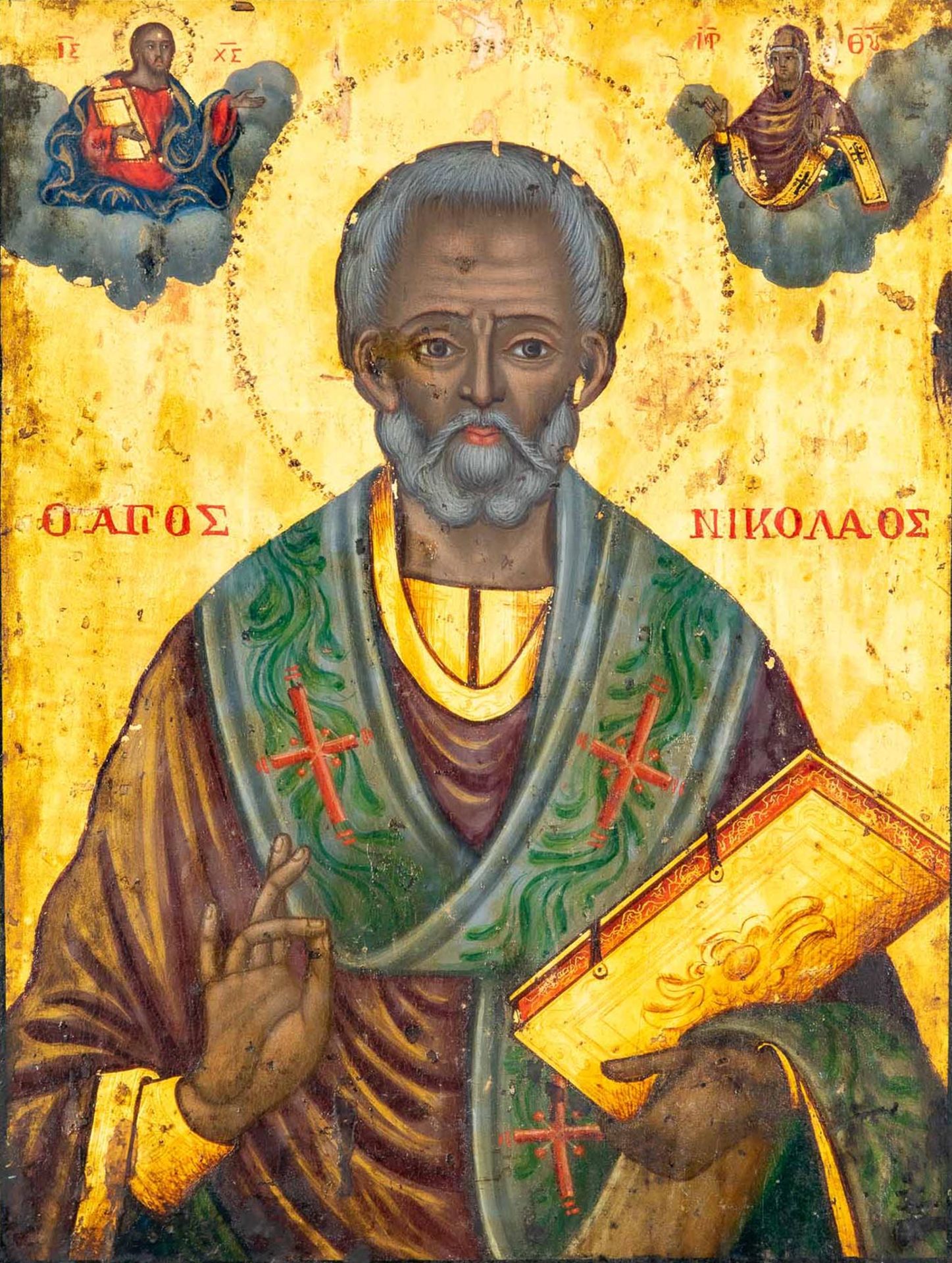 Antike griechische Ikone "Christus Pantokrator", Tempera auf Eichenholztafel, 19./ 20. Jhdt., gerin - Bild 2 aus 5