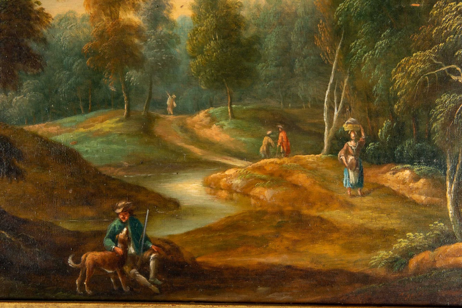 "Weite hügelige Waldlandschaft" mit Figurenstaffage, Gemälde, 18./19. Jhdt., Öl auf Holztafel, ca. - Image 8 of 8