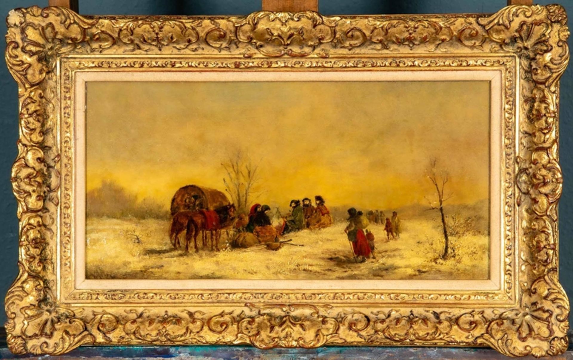 "Rast am Planwagen" im russischen Winter, Gemälde Öl auf Holztafel, ca. 23,5 x 47,5 cm, unten links