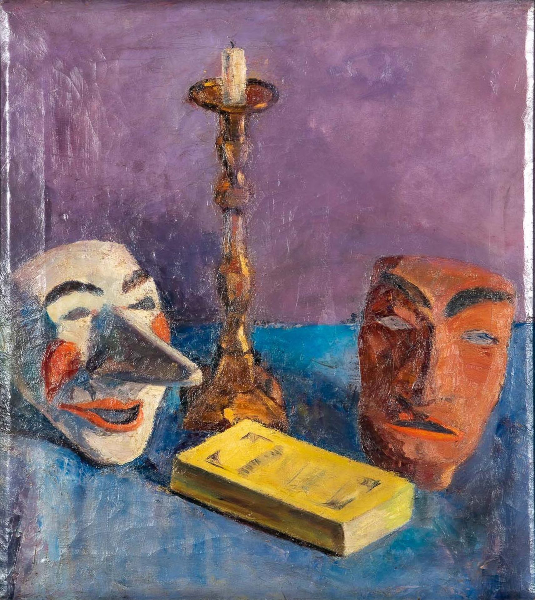 "Stilleben mit Masken"  Gemälde Öl auf Leinwand, ca. 57 x 51,5 cm, unsignierte akademische Malerei  - Bild 2 aus 10