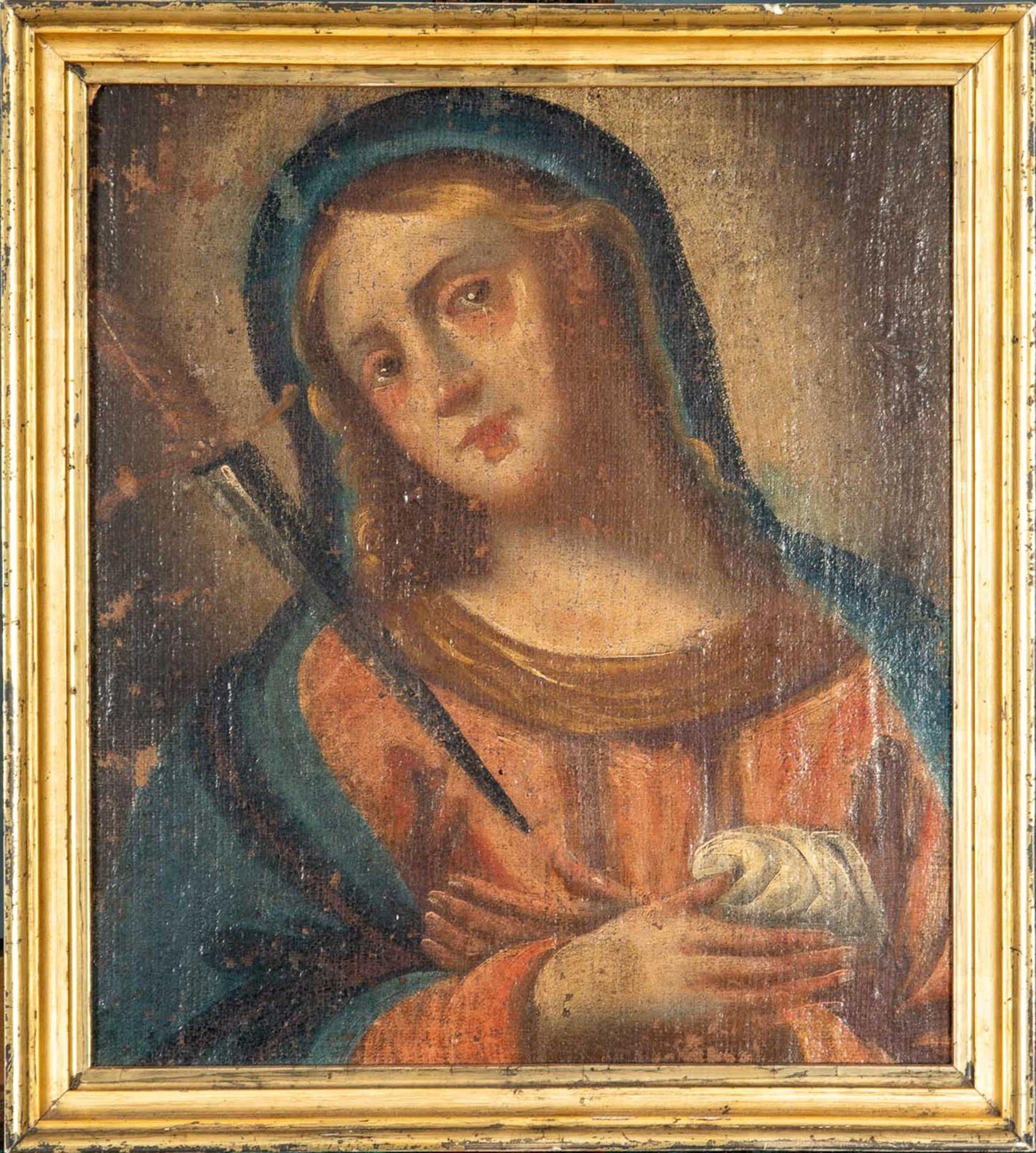 Antikes sakrales Gemälde, Öl auf Leinwand (diese auf Sperrholz geklebt), ca. 36 x 32 cm, zarter Gol