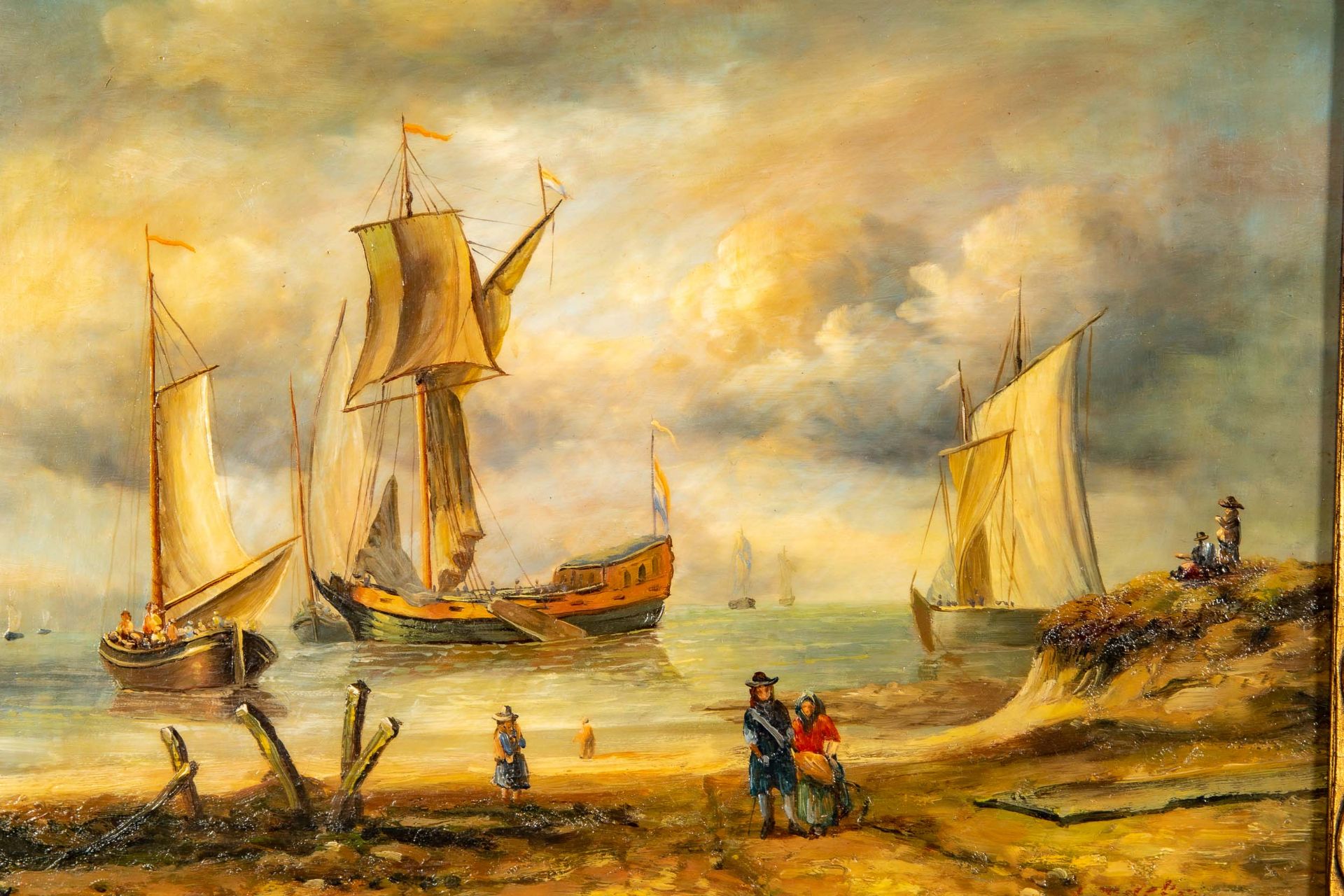 "Küstenstreifen mit Segelschiff & Booten", Gemälde, Öl auf Holztafel, ca. 25 x 20 cm; unten rechts - Image 3 of 7