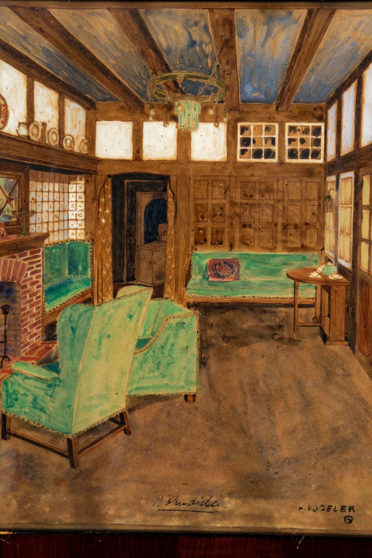 "Wohndiele", aquarellierte Zeichnung auf Papier/ Karton, lichtes Bildmaß ca. 23,8 x 22 cm, mittig o - Bild 6 aus 10