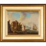 "Hafenszenerie" - Gemälde, 18./19. Jhdt., Öl auf Holztafel, ca. 22 x 29 cm, unsigniert, aber rückse