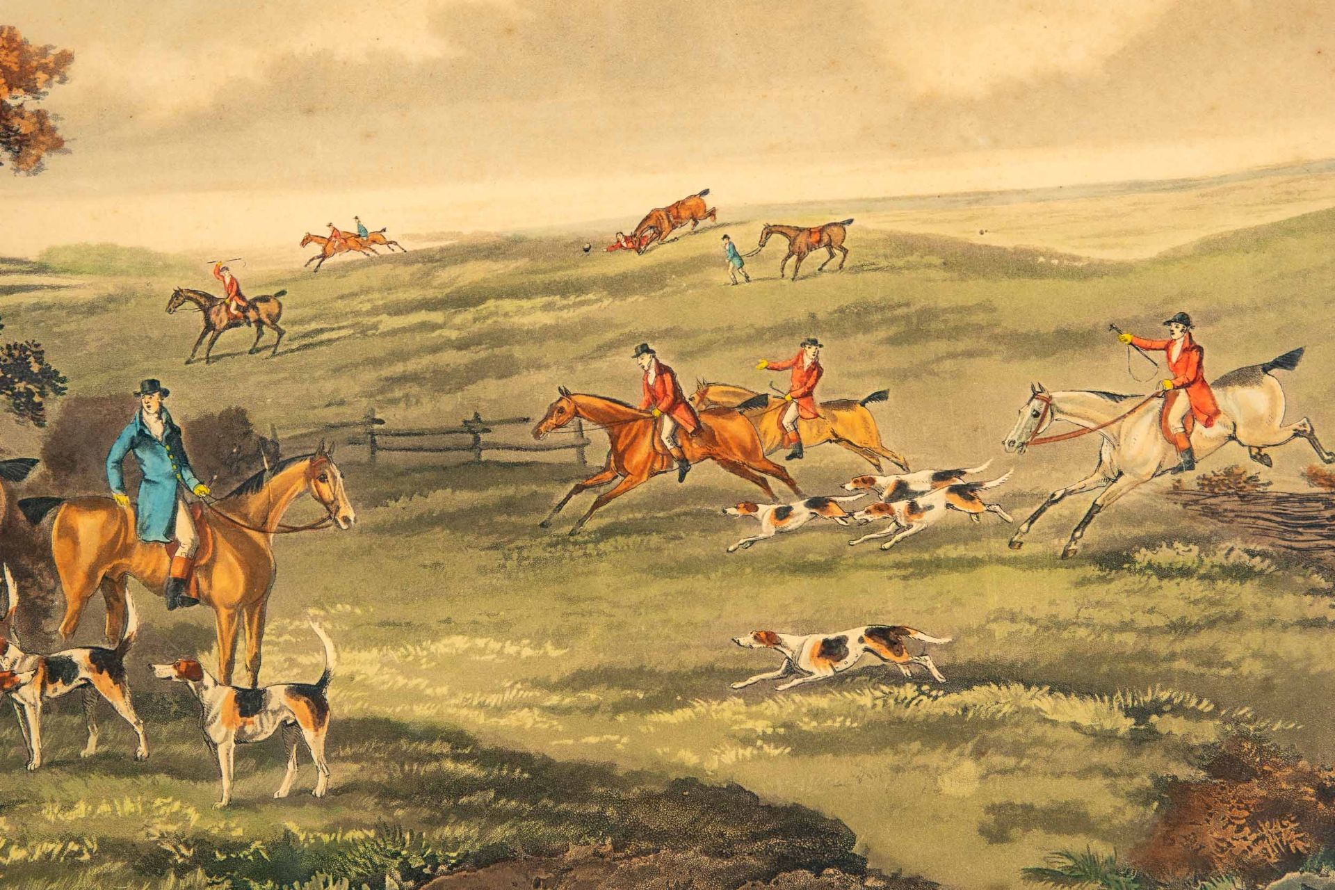 "FOX HUNTING" - hinter Glas gerahmte Farblithographie, England 19./ 20. Jhdt., Platte ca. 26 x 71,  - Bild 6 aus 12