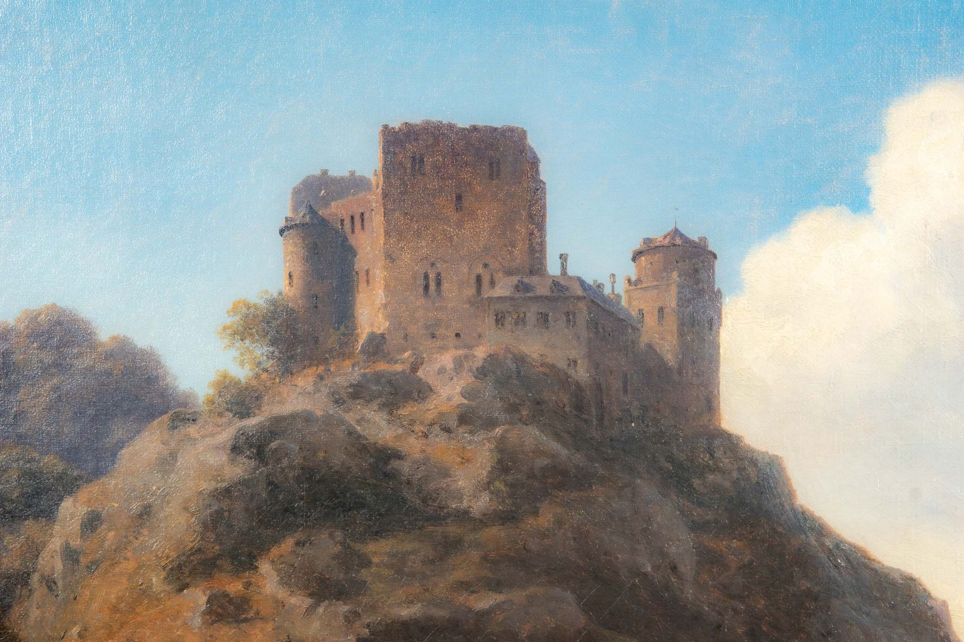 "Burgruine in alpiner Gebirgslandschaft", spätromantisches Gemälde, Öl auf Leinwand, ca. 71 x 100 c - Image 5 of 14