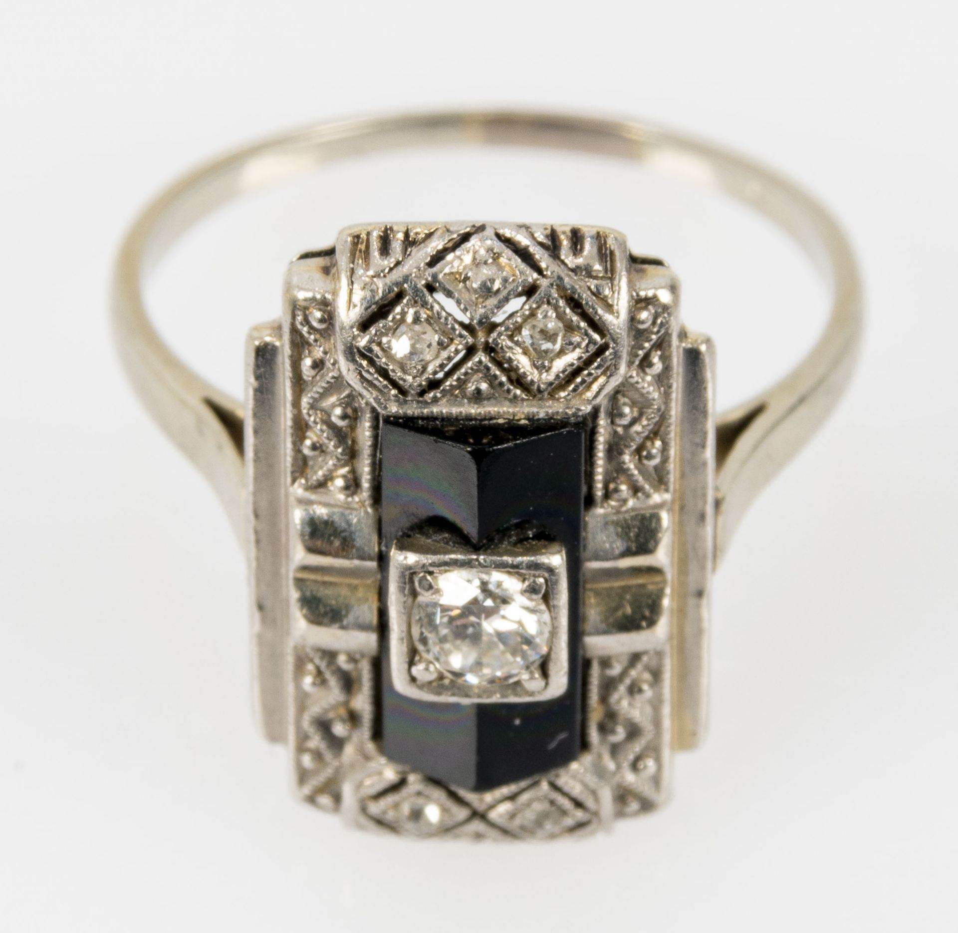 Feiner Art-Deco Damenring, 14 k Weißgoldfassung mit Onyx & Markasitenbesatz; mittig viereckig gefas - Image 2 of 7