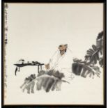"Der Kalligraph", ostasiatische Tuschmalerei auf Papier, wohl China Ende 20. Jhdt., am linken Bildr