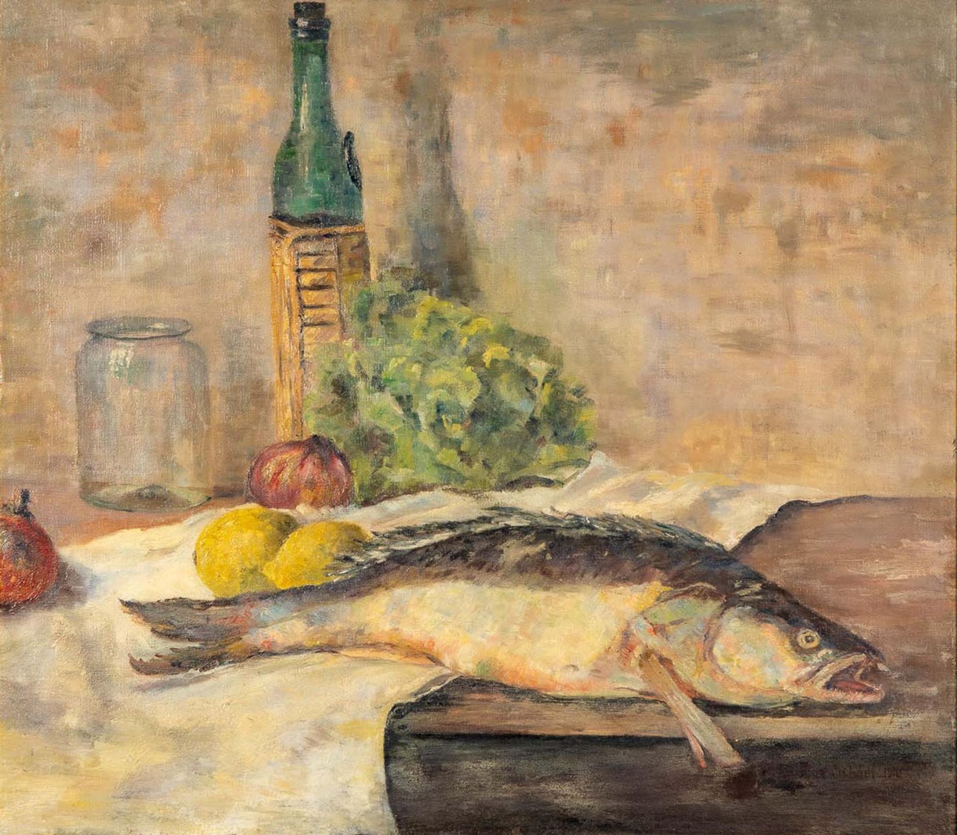 "Stilleben mit Karpfen", Gemälde Öl auf Platte, ca. 57 x 65 cm, unten rechts uneindeutig signiert & - Bild 2 aus 9