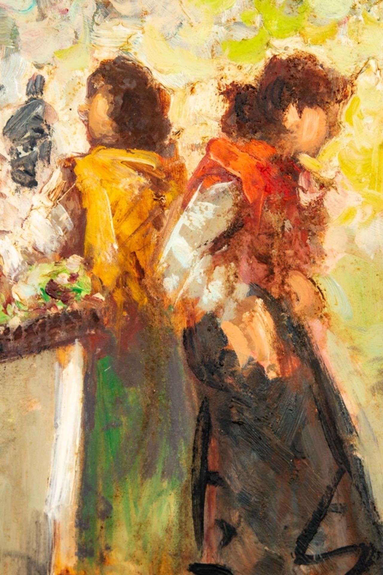 "Auf dem Markt", spazierende Italienerinnen, Gemälde Öl auf Schichtholzplatte, ca. 24 x 30 cm; rück - Image 4 of 10