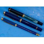 3 verschiedene Schreibstifte: 1x blauer Kugelschreiber "Pierre Cardin", 1x blauer Pelikan - Füller 