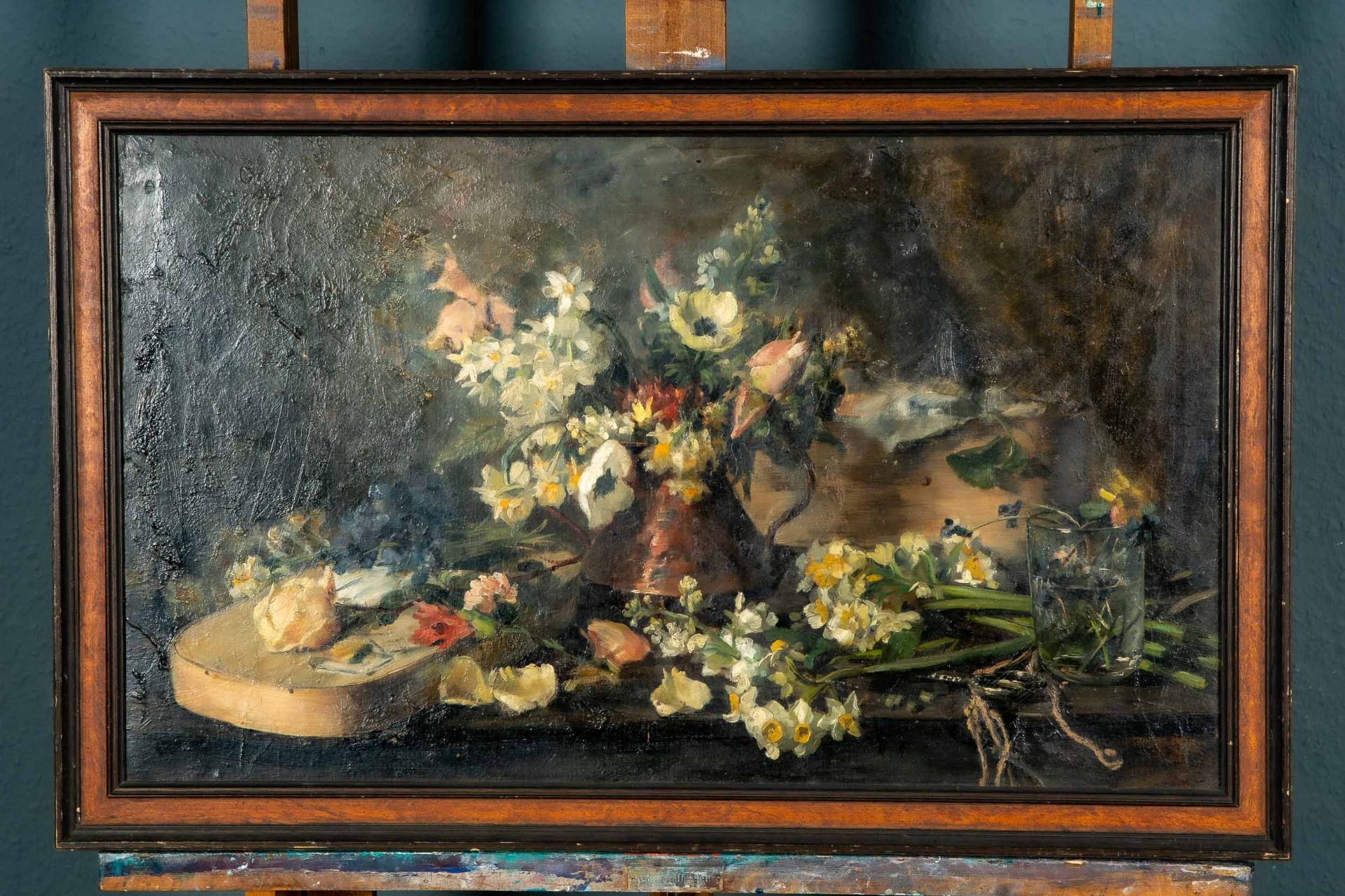 Blumenstilleben, Gemälde Öl auf Spanplatte; unsignierte akademische Malerei, 2. Hälfte 20. Jhdt., c