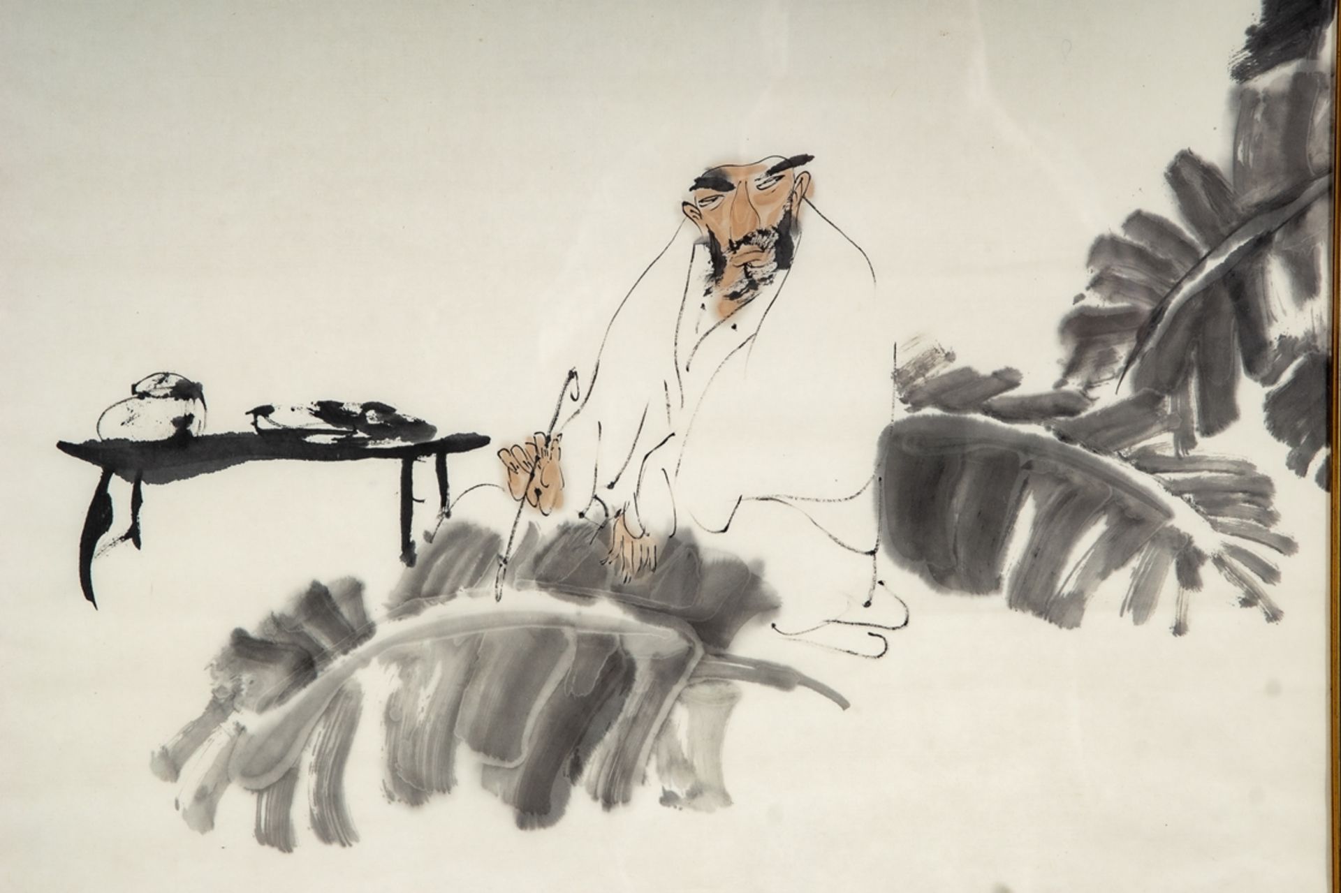 "Der Kalligraph", ostasiatische Tuschmalerei auf Papier, wohl China Ende 20. Jhdt., am linken Bildr - Bild 3 aus 9