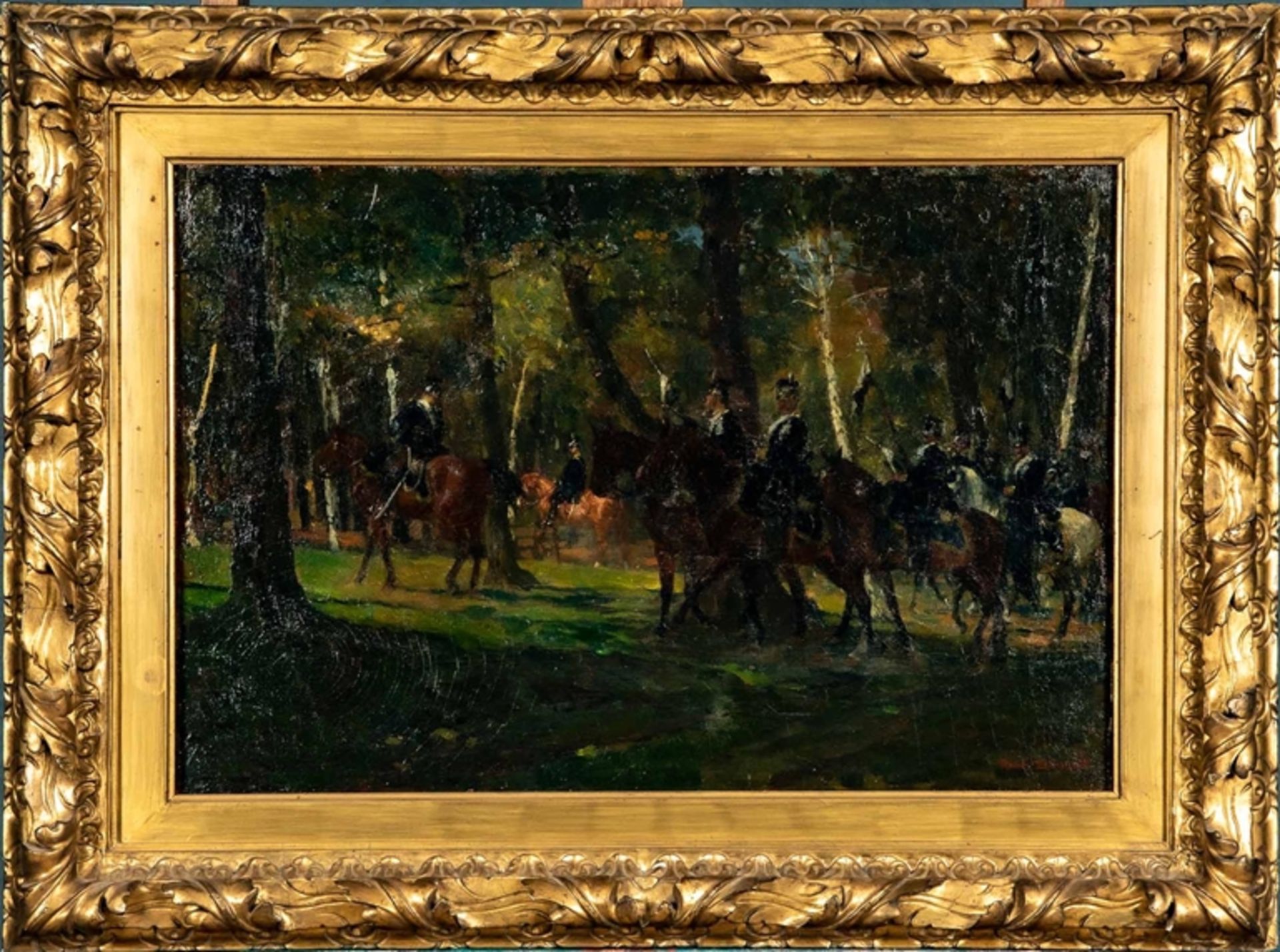 "Preußische Kavallerie in sommerlichem Wald" - Gemälde, Öl auf Leinwand, ca. 43 x 62 cm, unten rech