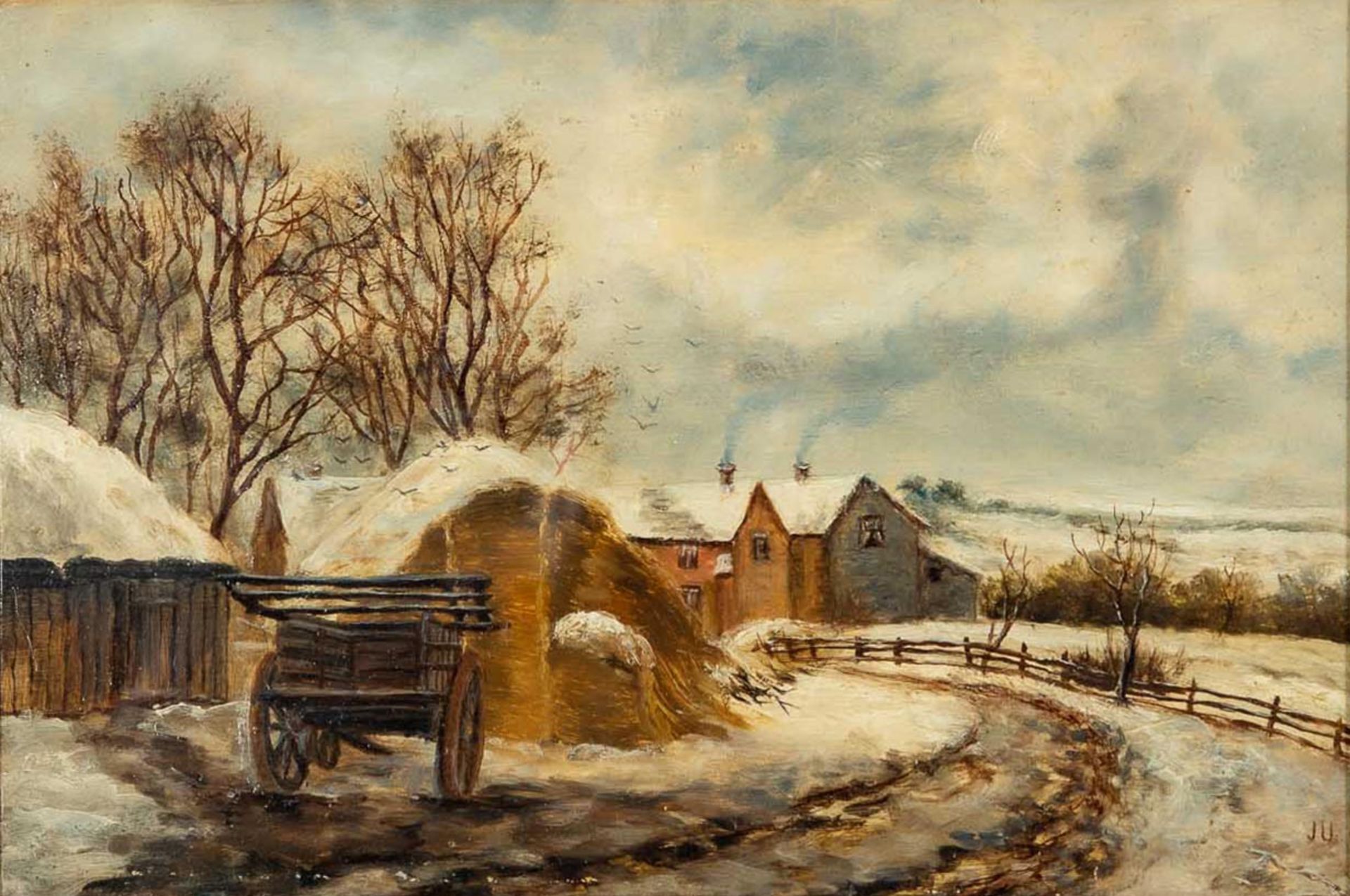 "Winterliche Hofanlage", Öl auf Malkarton/ Malpappe, auf Holz geklebt. Ca. 15 x 22 cm, unten rechts - Bild 2 aus 8