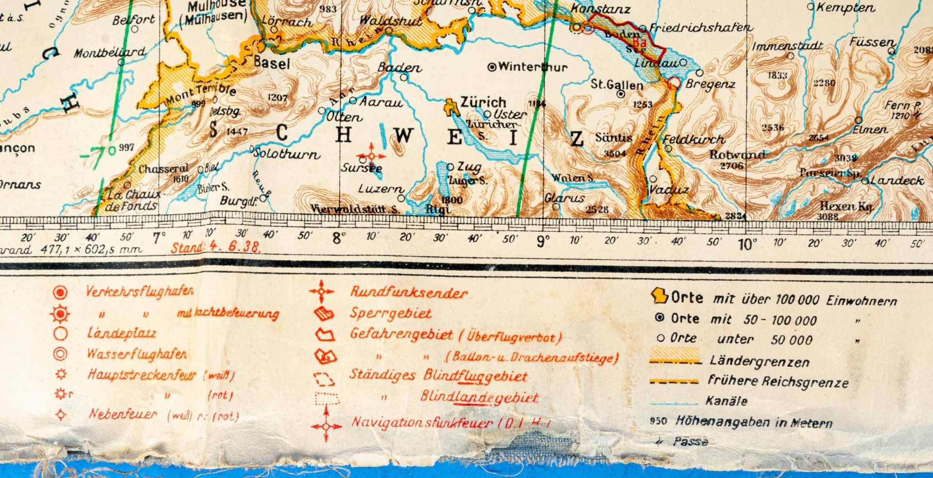 "LUFTNAVIGATIONSKARTE" der deutschen Luftwaffe um 1938; ca. 54,5 x 67 cm, Erhaltungsmängel, Randsc - Image 6 of 11