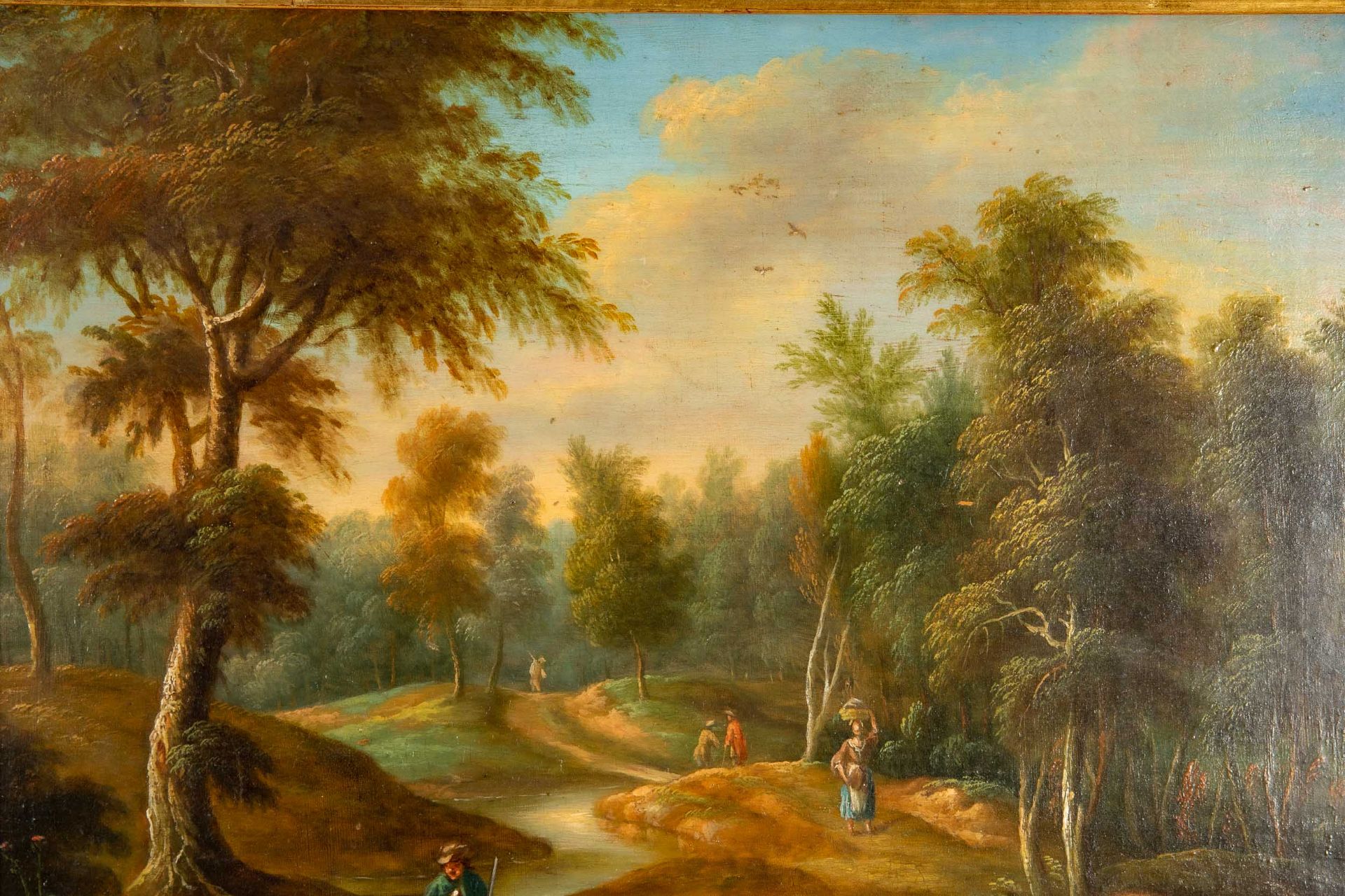 "Weite hügelige Waldlandschaft" mit Figurenstaffage, Gemälde, 18./19. Jhdt., Öl auf Holztafel, ca. - Image 4 of 8