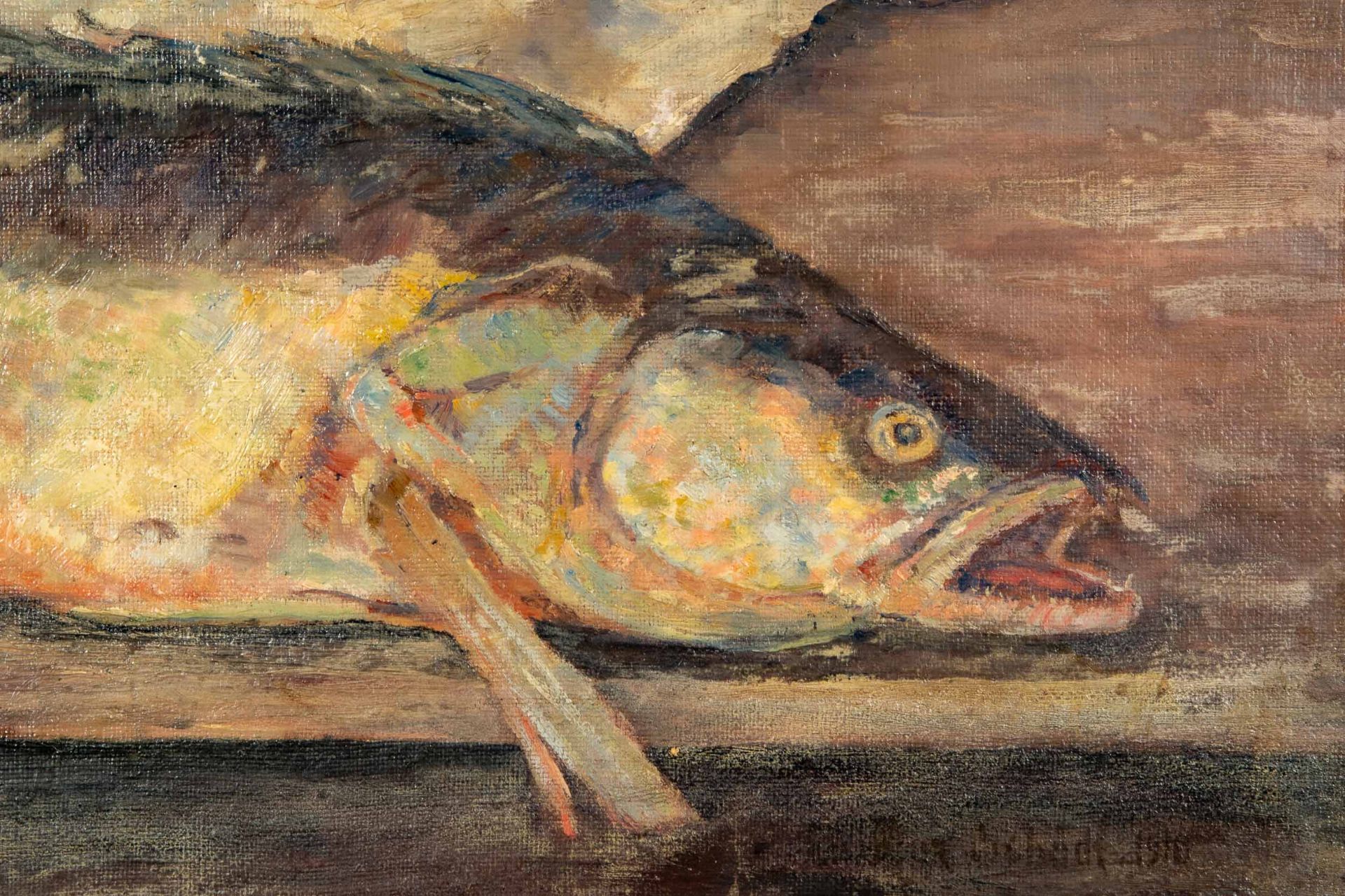 "Stilleben mit Karpfen", Gemälde Öl auf Platte, ca. 57 x 65 cm, unten rechts uneindeutig signiert & - Image 5 of 9