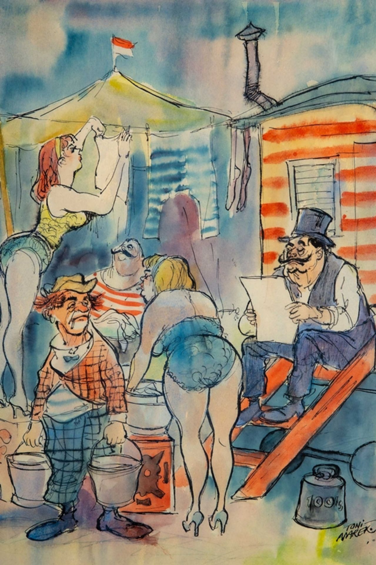 "Zirkusalltag", aquarellierte Zeichnung in Passepartout hinter Glas gerahmt; lichtes Bildmaß ca. 42 - Bild 4 aus 8