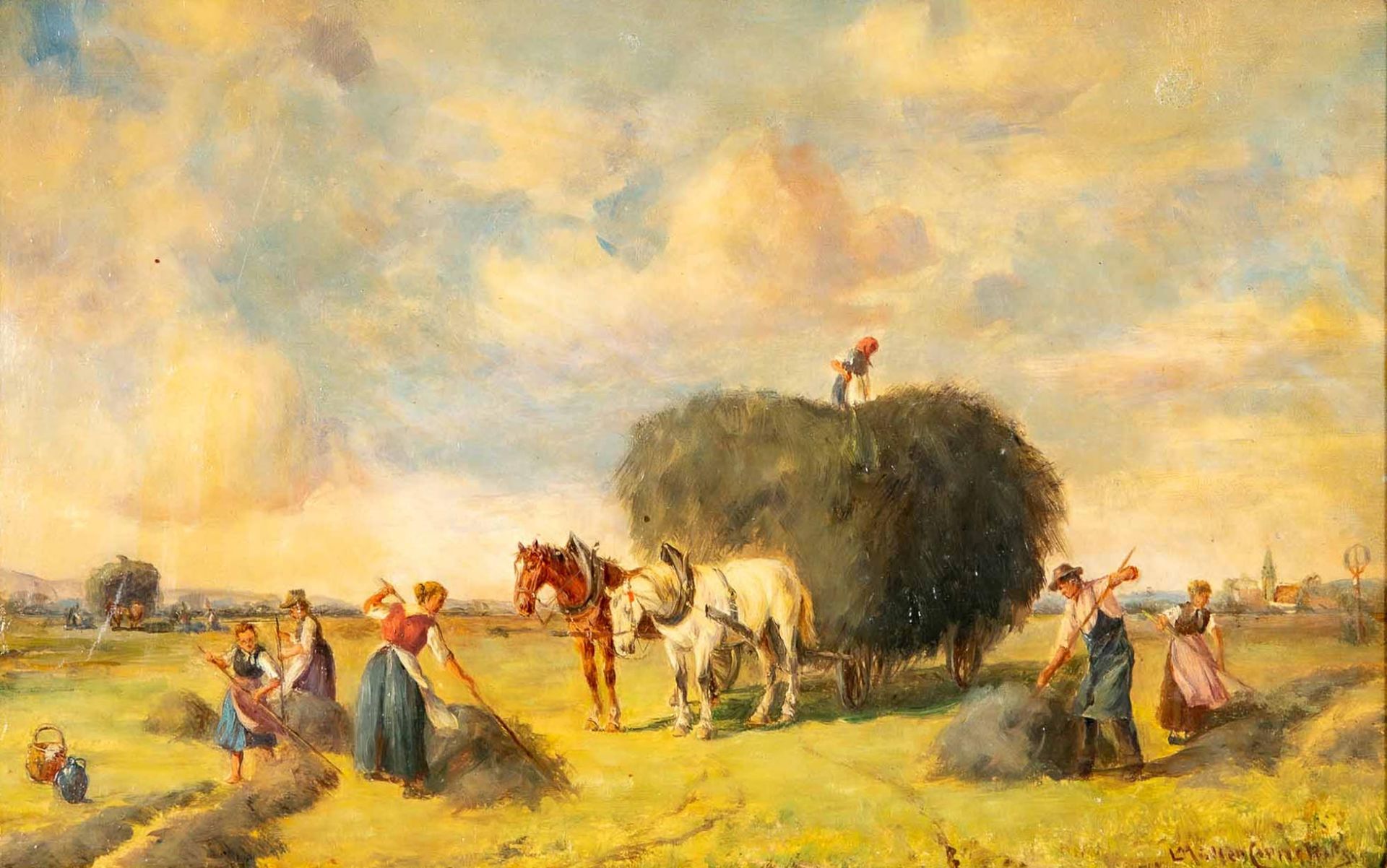 "Heuernte", kleinformatiges Gemälde, Öl auf Schichtholztafel, ca. 18 x 28 cm, unten rechts signiert - Bild 2 aus 8