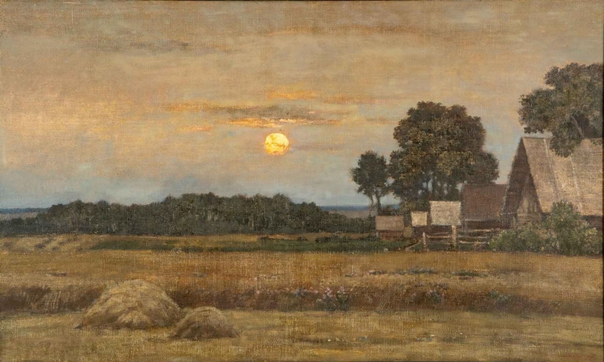 "Vollmond im Sommer" mit bäuerlicher Hofanlage und Wiesen. Bildmaß ca. 60 x 100 cm; unten rechts mo - Bild 2 aus 10